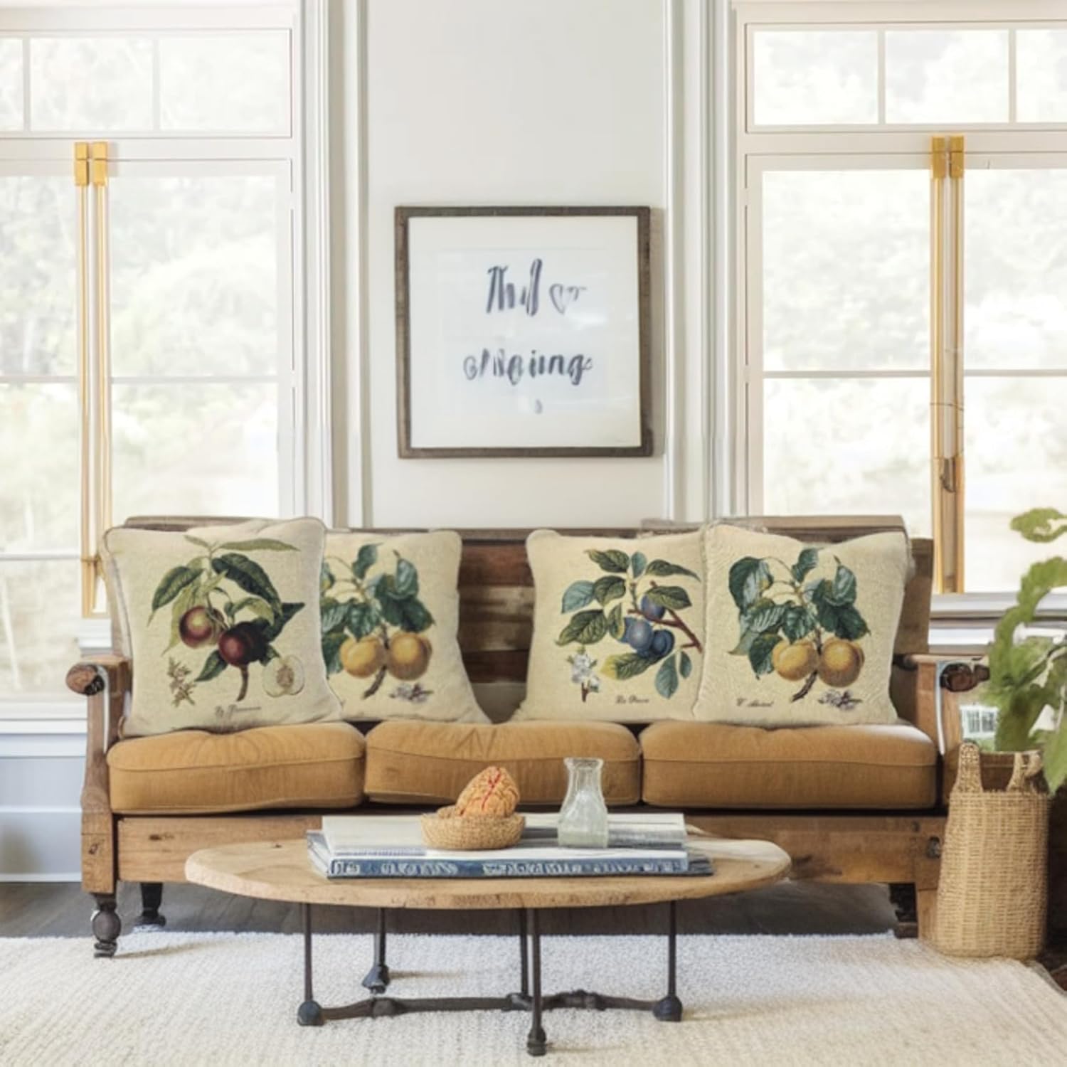 DaDa Bedding Tapestry Botanical Throw Pillow Covers - Set of 2 Yellow Apricots Floral Fruit Blossom - Woven Needle Stitched Cushions Elegant Square Colorful Decor - 2-Pieces - 18" x 18"