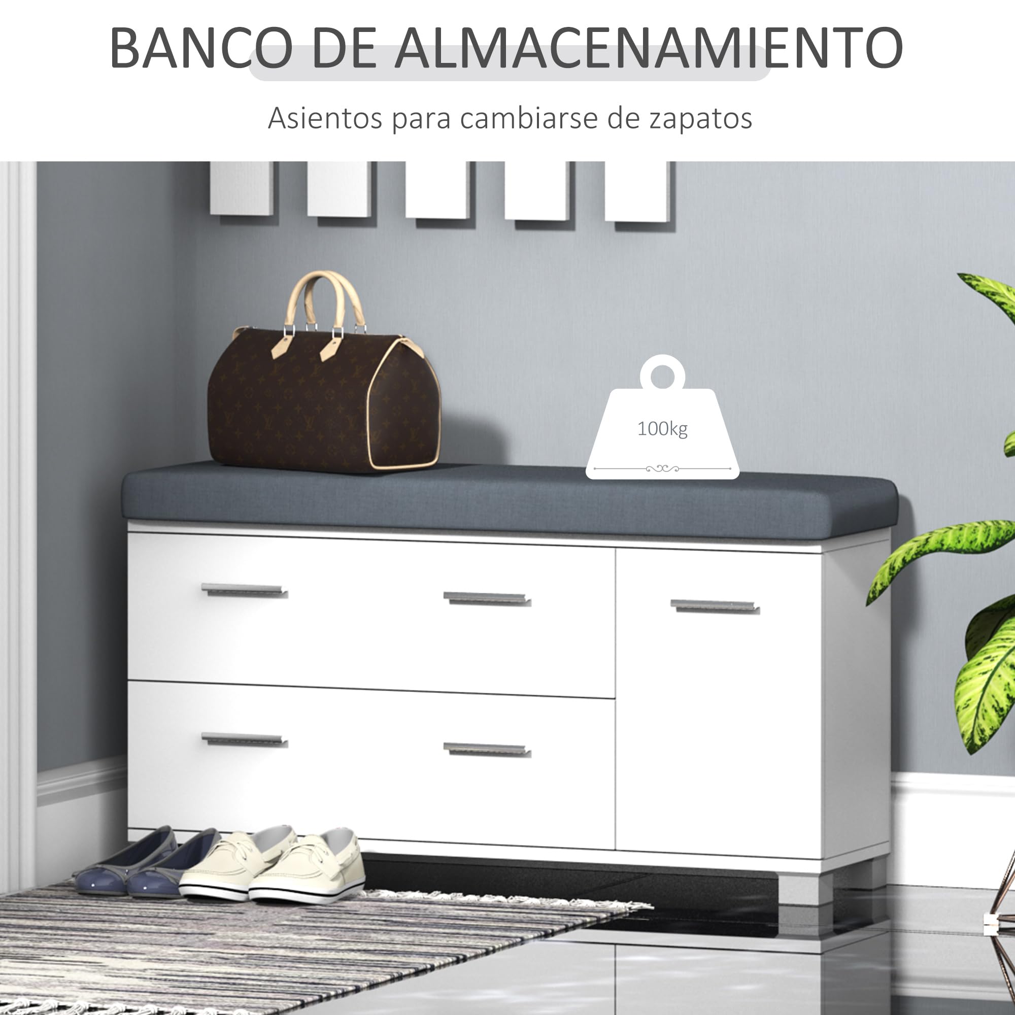HOMCOM Conjunto de Recibidor de Entrada con Espejo Perchero y Zapatero Muebles de Entrada con 3 Ganchos Estante y 2 Cajones para Pasillo Blanco