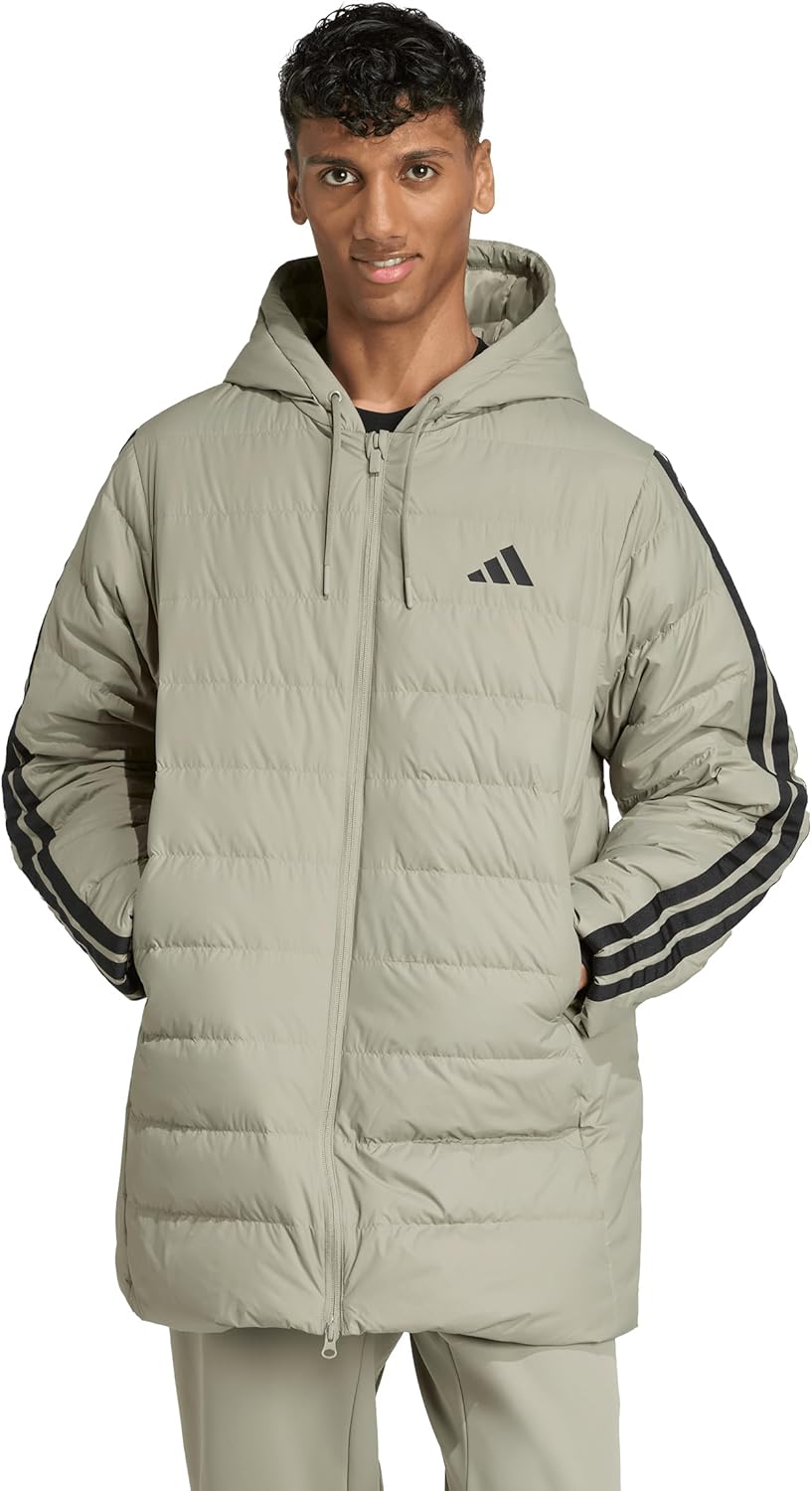 adidas Men's Essentials 3-Stripes Light Down Hooded Parka, Silver Pebble, Medium