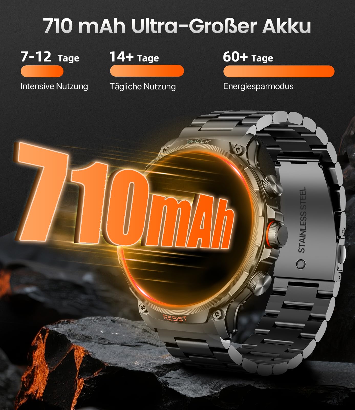 WalkerFit Smartwatch Uomo Militare 1,85", Batteria 710mAh, Orologio Smart con Chiamate & Monitoraggio Sonno, 100+ Modalità Sport, Orologio Fitness Impermeabile per Android iOS (Nero)