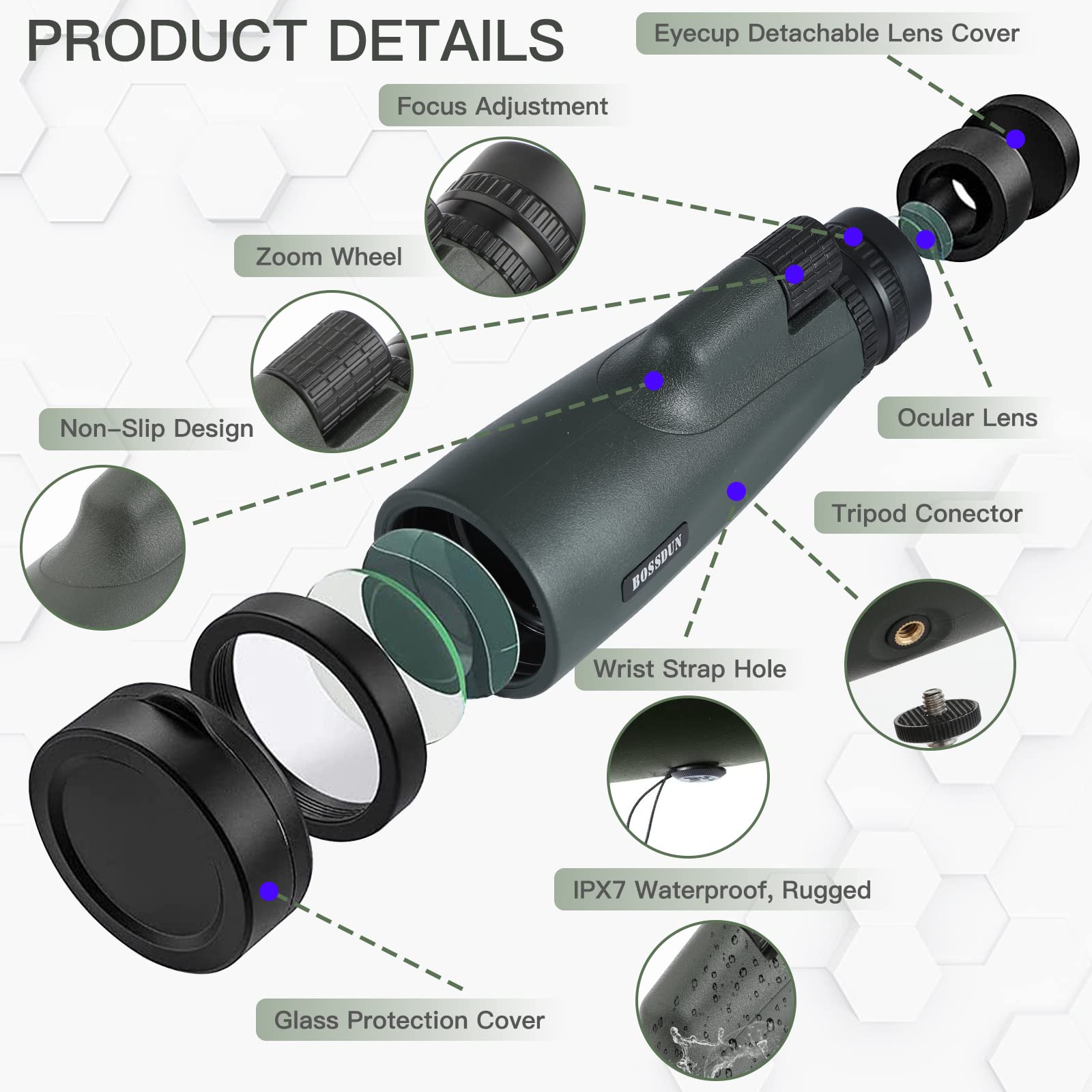 Monoculaire 10-30x50 BOSSDUN - Zoom HD, étanche IPX7 - Avec Adaptateur Smartphone Pour Photo Et Vidéo