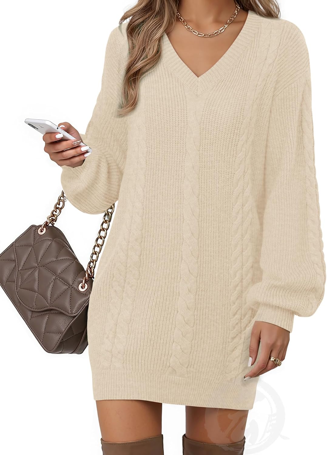 Women's Pullovers Jumper Sweaters Lantern Sleeve Casual V Neck Fall Knit Mini Sweater Dresses Apricot Small