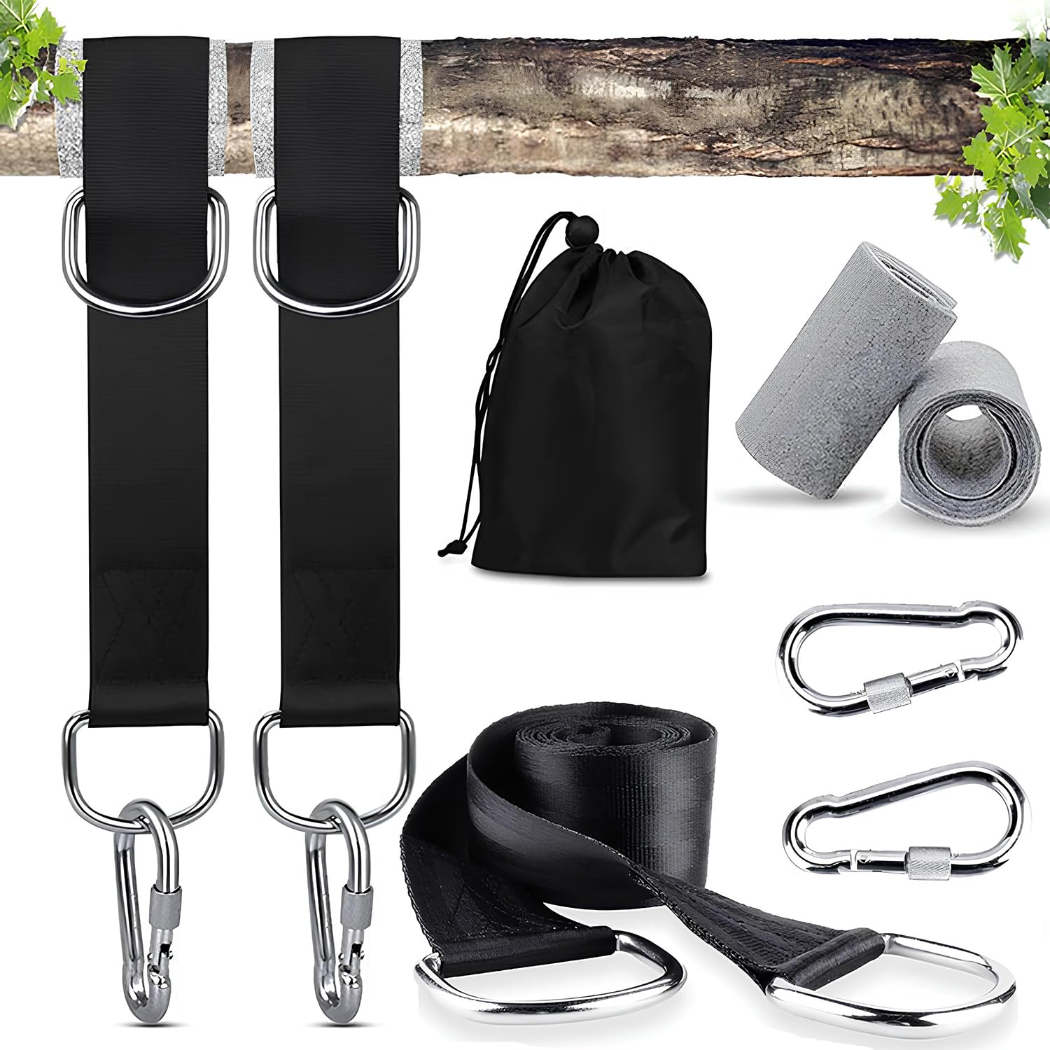 7 Pièces Corde Balancoire, Hamac Sangle, Polyester, 2* Courroie de Suspension + 2* Boucle de Connexion + 2* Coussinets de Protection des Arbres + 1* Sacs, pour Balançoire Extérieure, Hamac (150*6.5CM)