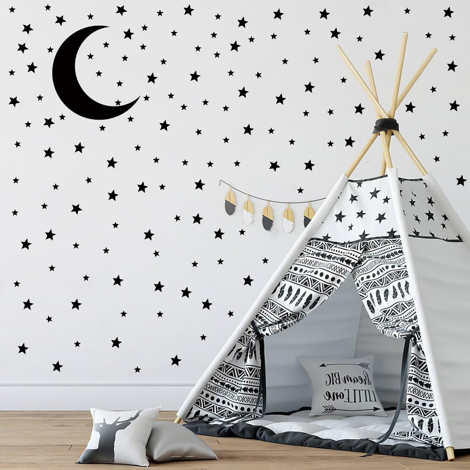 Black Moon Black Star Wall Decals, 141Pcs 2D, Removable Self-Adhesive Waterproof Anti-Scratch Wall Decals, Moon and Star Wall Stickers for Girls Boys Kids DIY Bedding Room Bedroom Decor (Black)