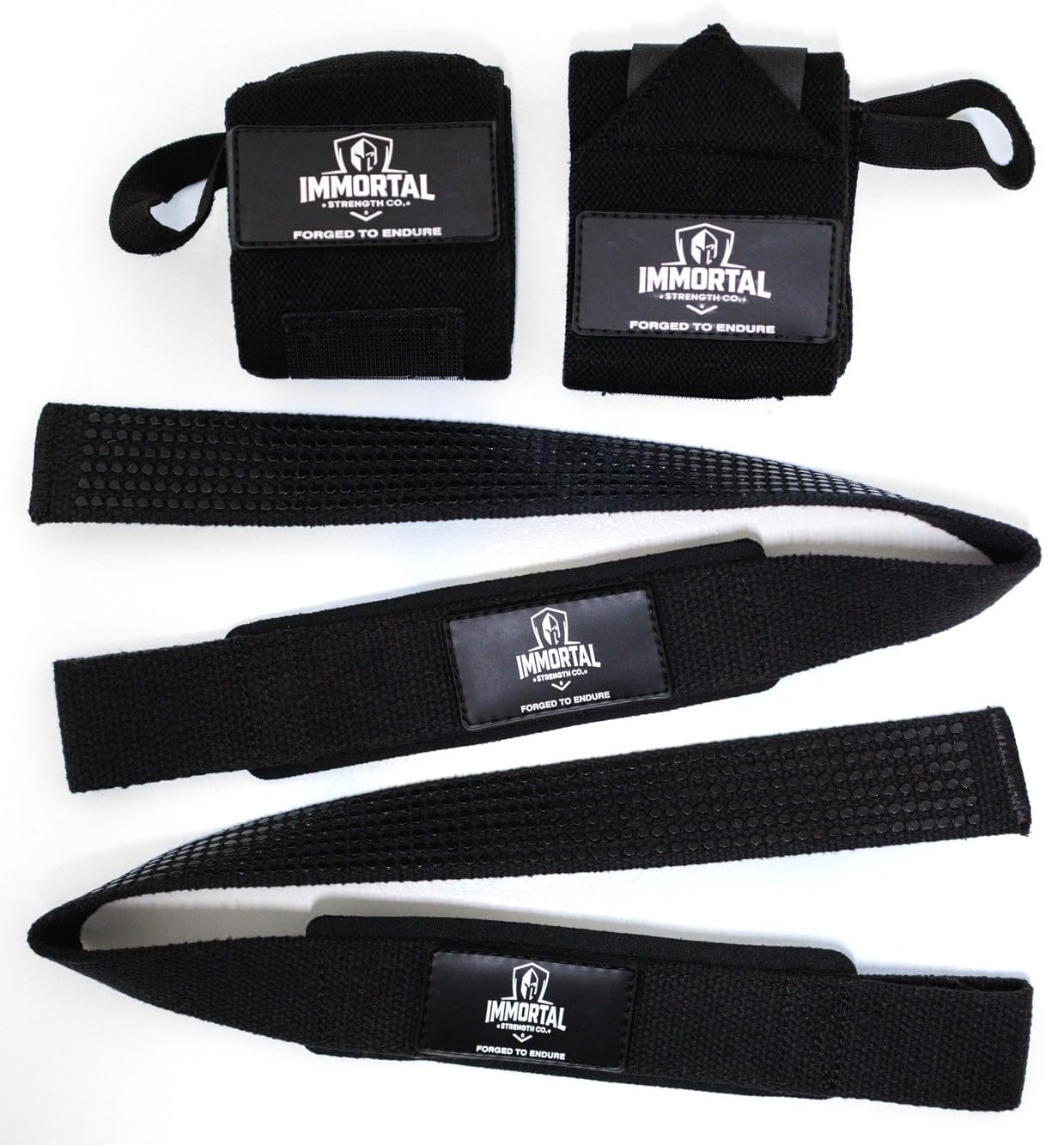 IMMORTAL STRENGTH CO. FORGED TO ENDURE Ultimate Lifting Bundle - Wrist Wraps and Lifting Straps for Weightlifting, Pull Workouts and Heavy Lifts - Black