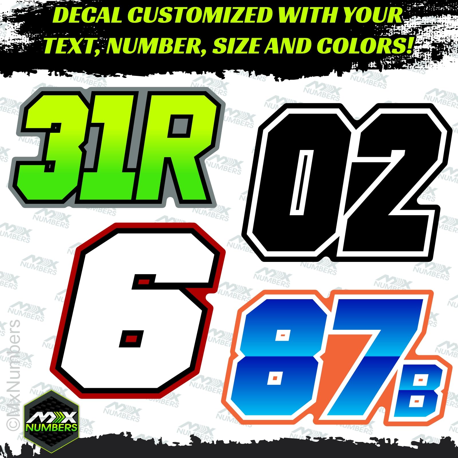 MxNumbers- MX & ATV Number Plate Decals| Set of 3 Multicolored Race Numbers | You Pick Your Size, Number & Colors | Fully Custom Racing Graphics