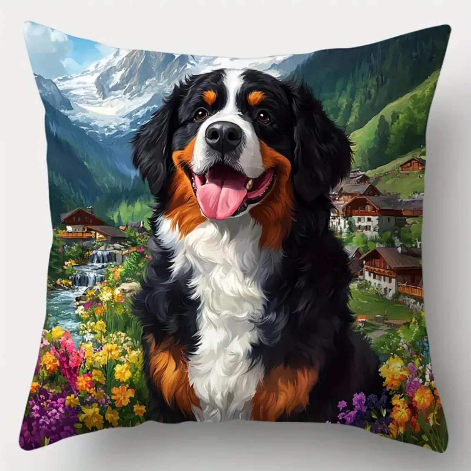 ANSIWEIGO Pre Printed Latch Hook Cushion Kit Scenery,Bernese Mountain Dog,Chunky Yarn Latch Hook Scape Cushion Cover or Wall Hanging,43x43 cm,for Kids & Adults