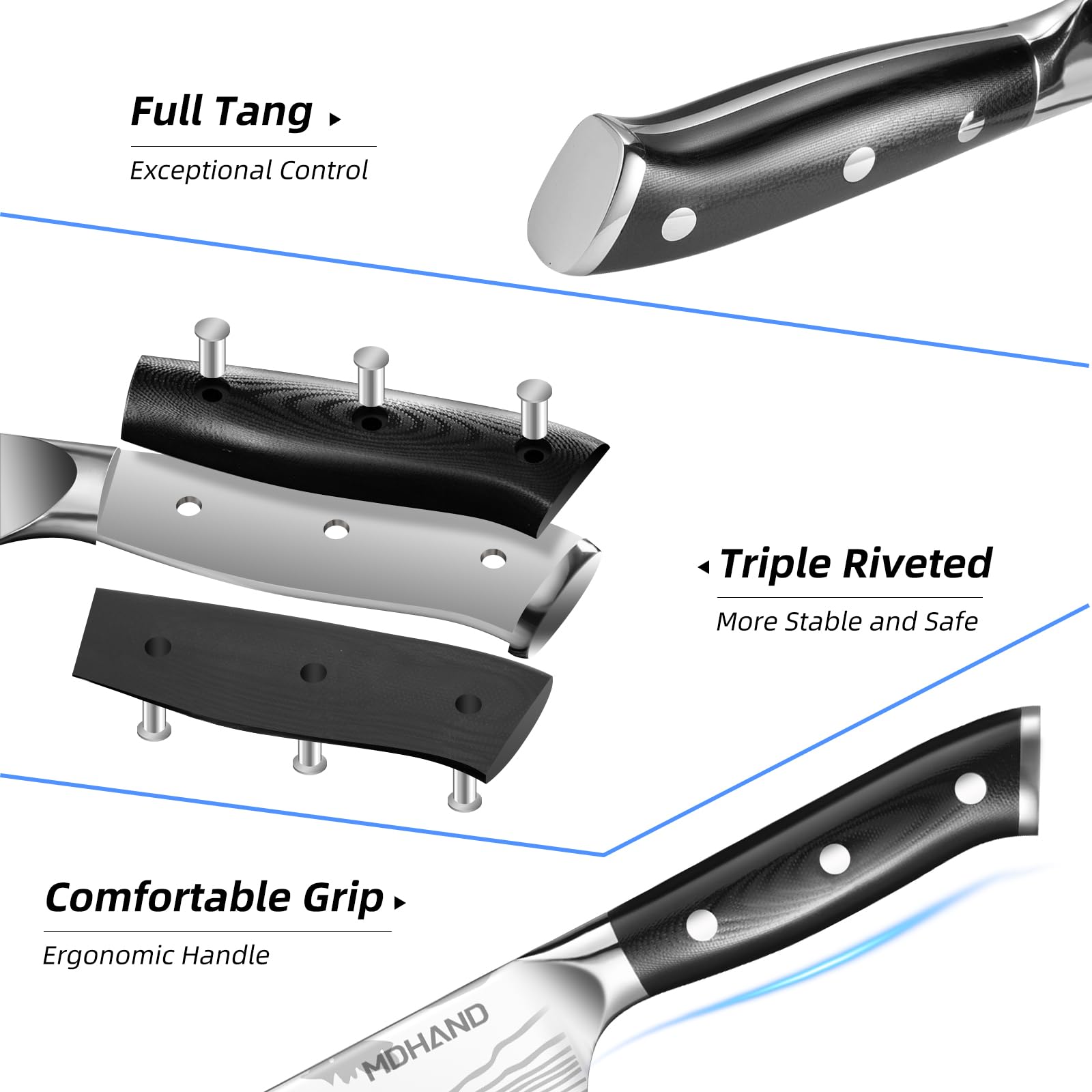 MDHAND Küchenmesser Set，8-teiliges professionelles Messerset mit Rolltasche, Extrem Scharf Profi Kochmesser Set mit Ergonomischen Pakkaholz Griffen für Haus und Restaurant