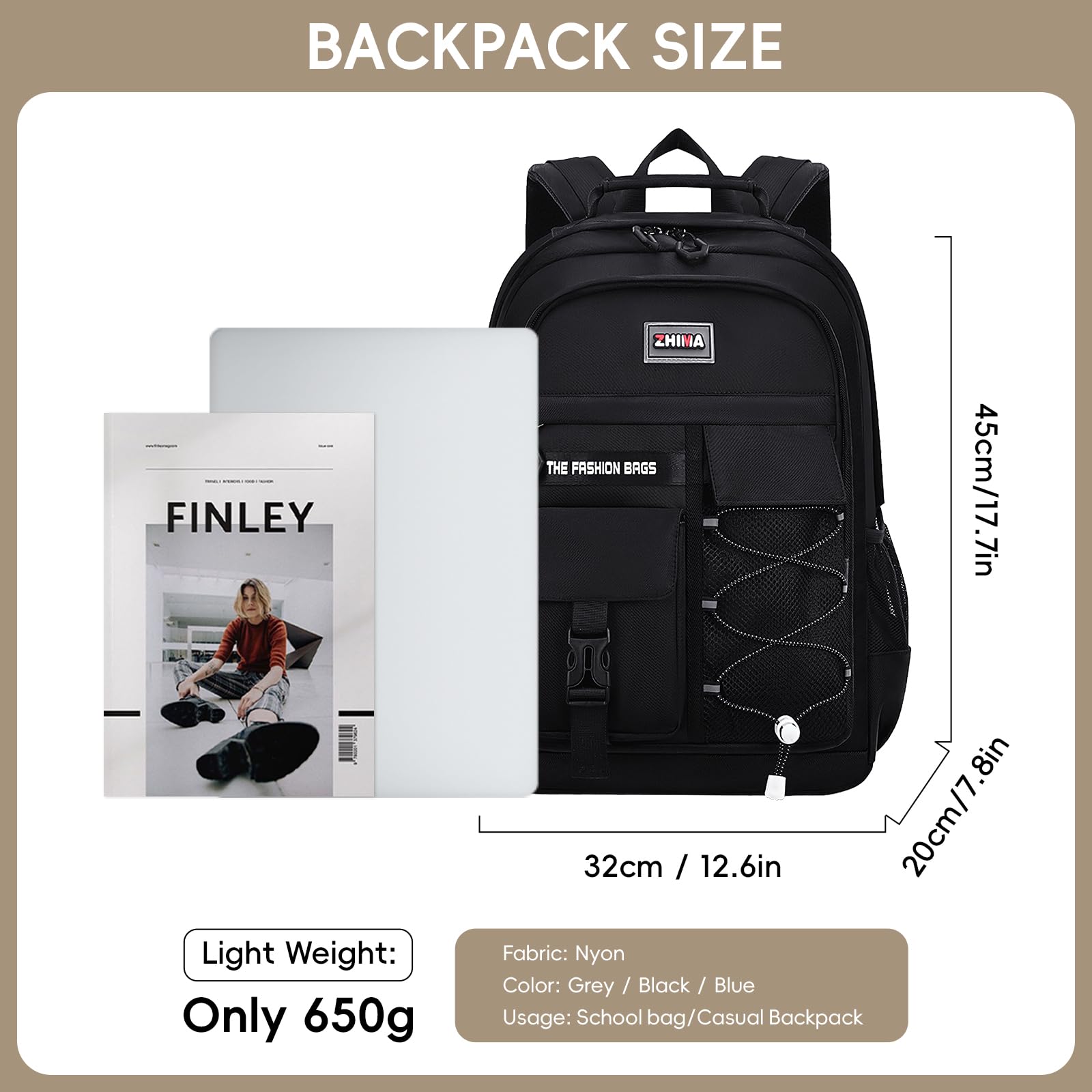 Amythe Schulrucksack Jungen Teenager 29L Wasserabweisend für 15.6" Laptop Schwarz