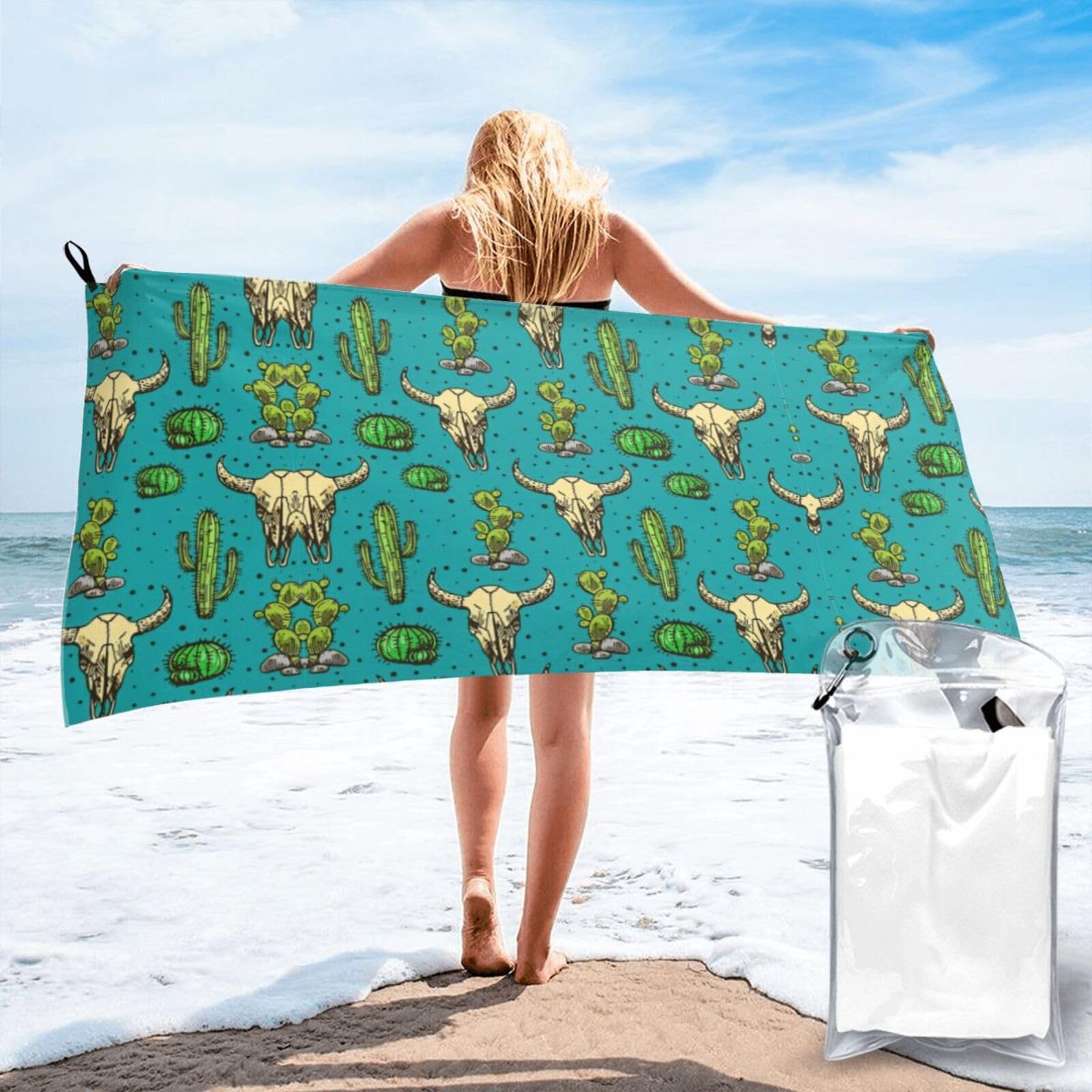 VCzsdff Cute Cactus And Skull Of Bull Print Quick Dry Towel Compact Beach Shower Wrap For Camping Fitness