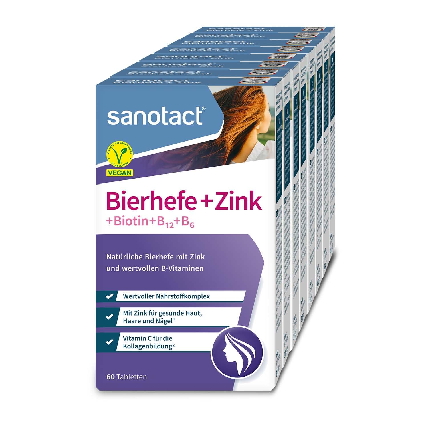 sanotact Bierhefe + Zink (8 x 60 Tabletten) • Für Haut, Haare & Nägel • Vitamin-Komplex mit Bierhefe, Zink, Biotin, Vitamin B12, B6 & Vitamin C • Haut & Haar Vitamine • 100% Vegan