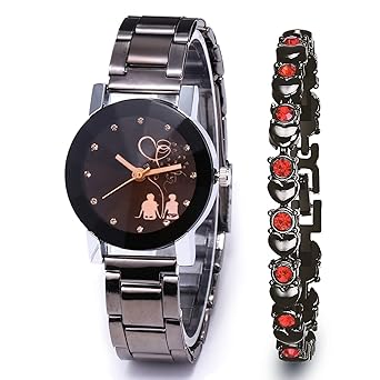 MARCLEX Branded Analogue Diamond Studded Black Dial Magnet Watch with Gift Bracelet for Women or Girls and Watch for Girl or Women (Combo of 2)