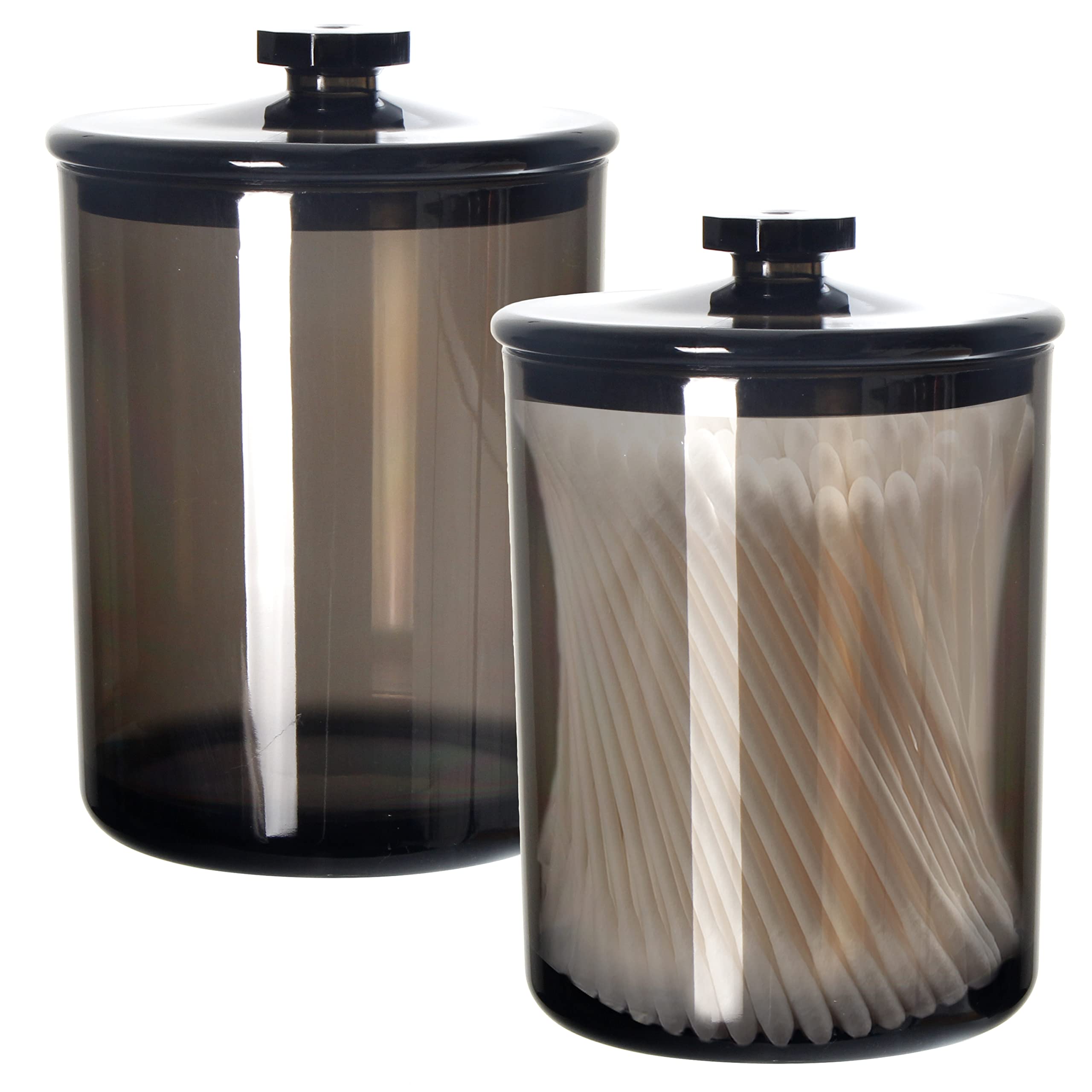 Youngever Czarne plastikowe słoiki na aptekarza, uchwyt Qtip, uchwyt na waciki, łazienkowy organizer na waciki, bawełniane wkładki, Qtips (2 zestawy 450 ml)
