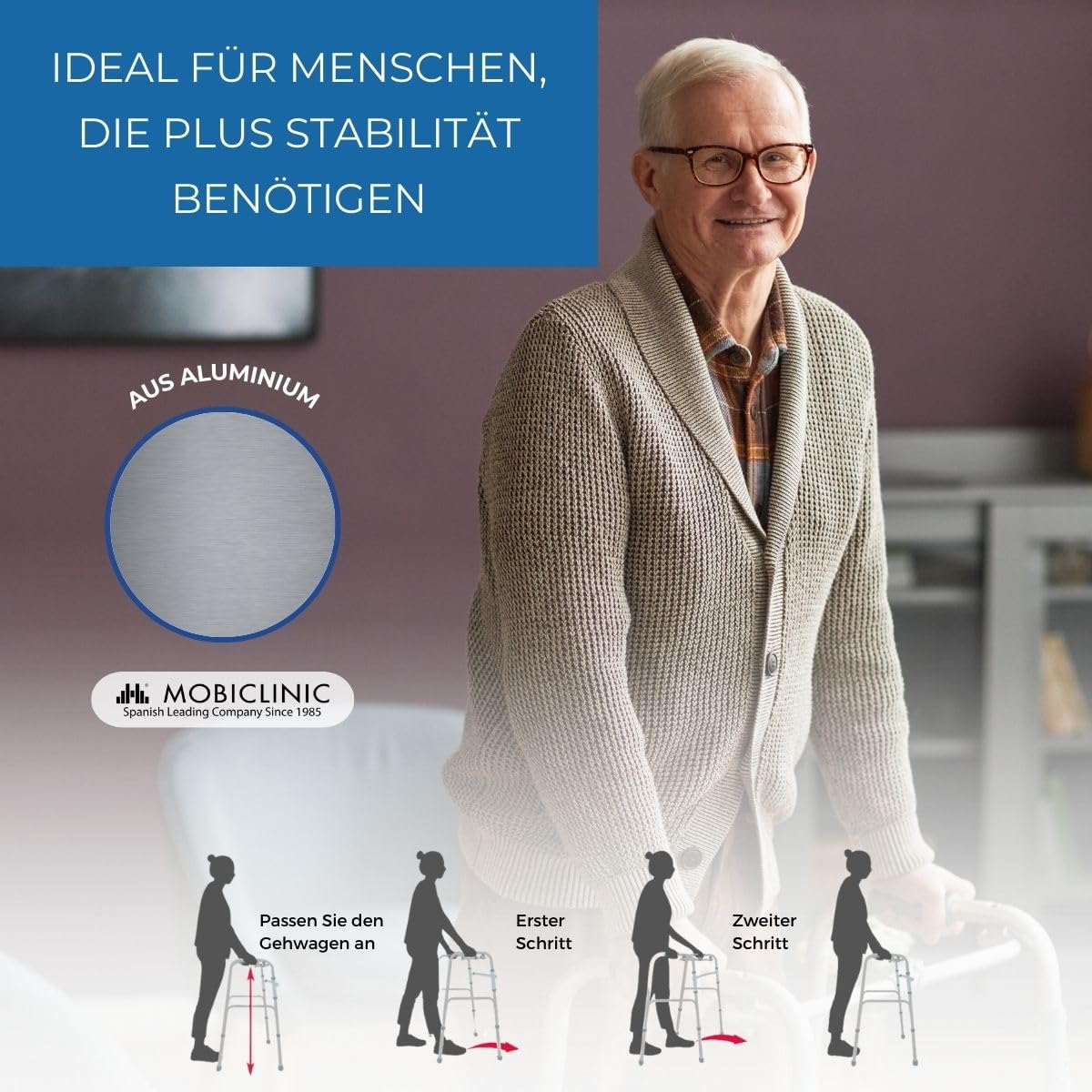 Mobiclinic®, Gehhilfe, Gehbock, Schmal, Stabil, Klappbar, 4 gummifüße, Aus aluminium, Leichtgewicht, Europäische marke, Höhenverstellbar, Ergonomische griffe, Nur 2, 5 kg, Silber, Modell columna