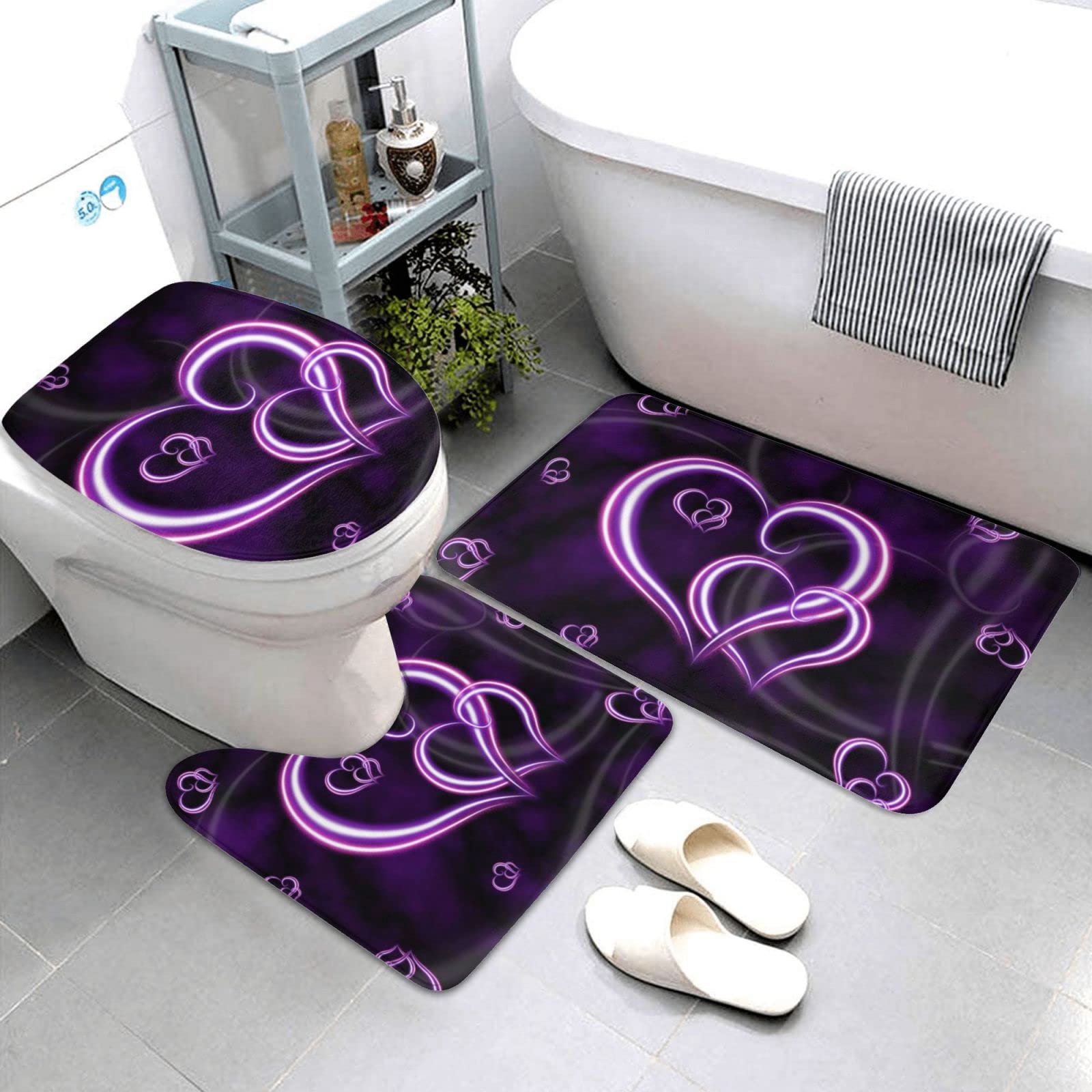 Set di 3 tappetini da bagno con motivo a cuori viola, in flanella, antiscivolo, con coperchio, per decorare la casa
