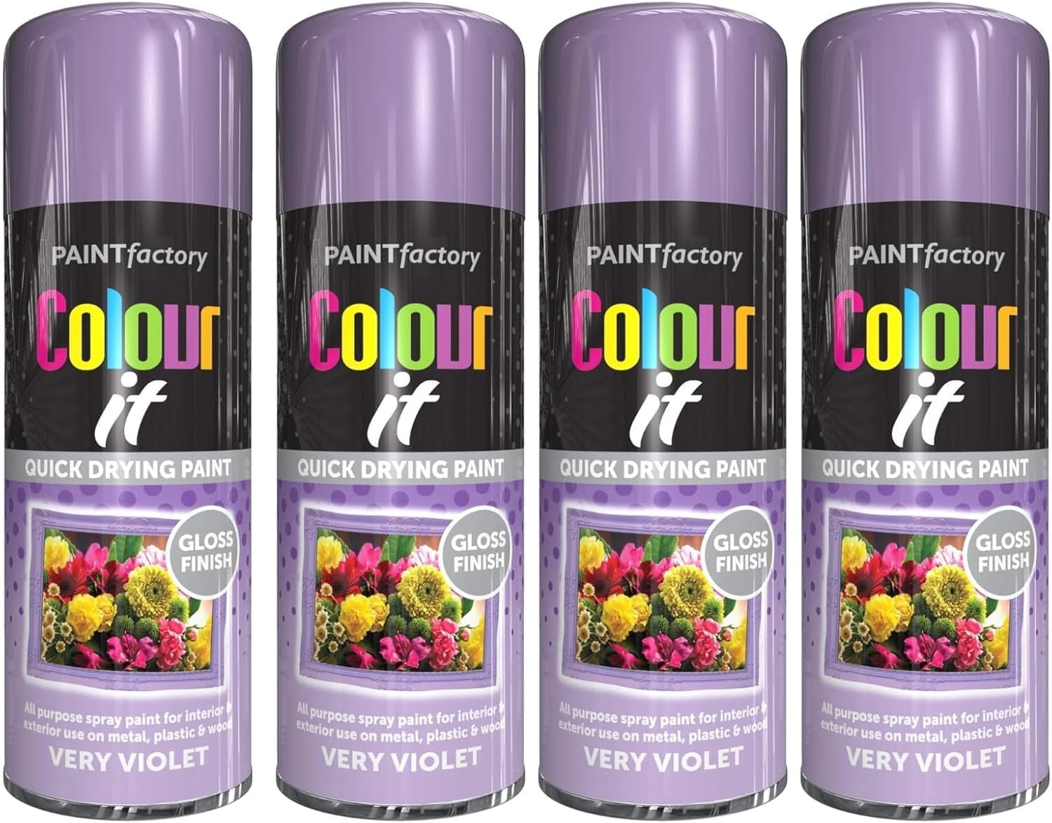 MSQUARE Quick Drying Paint Spray, Gloss Finish, Fast-Drying, Smooth Coverage, Chip & Weather Resistant, Long-Lasting, Ideal for DIY Projects, Crafts & Home Décor, Very Violet, 400ml (Pack of 4)