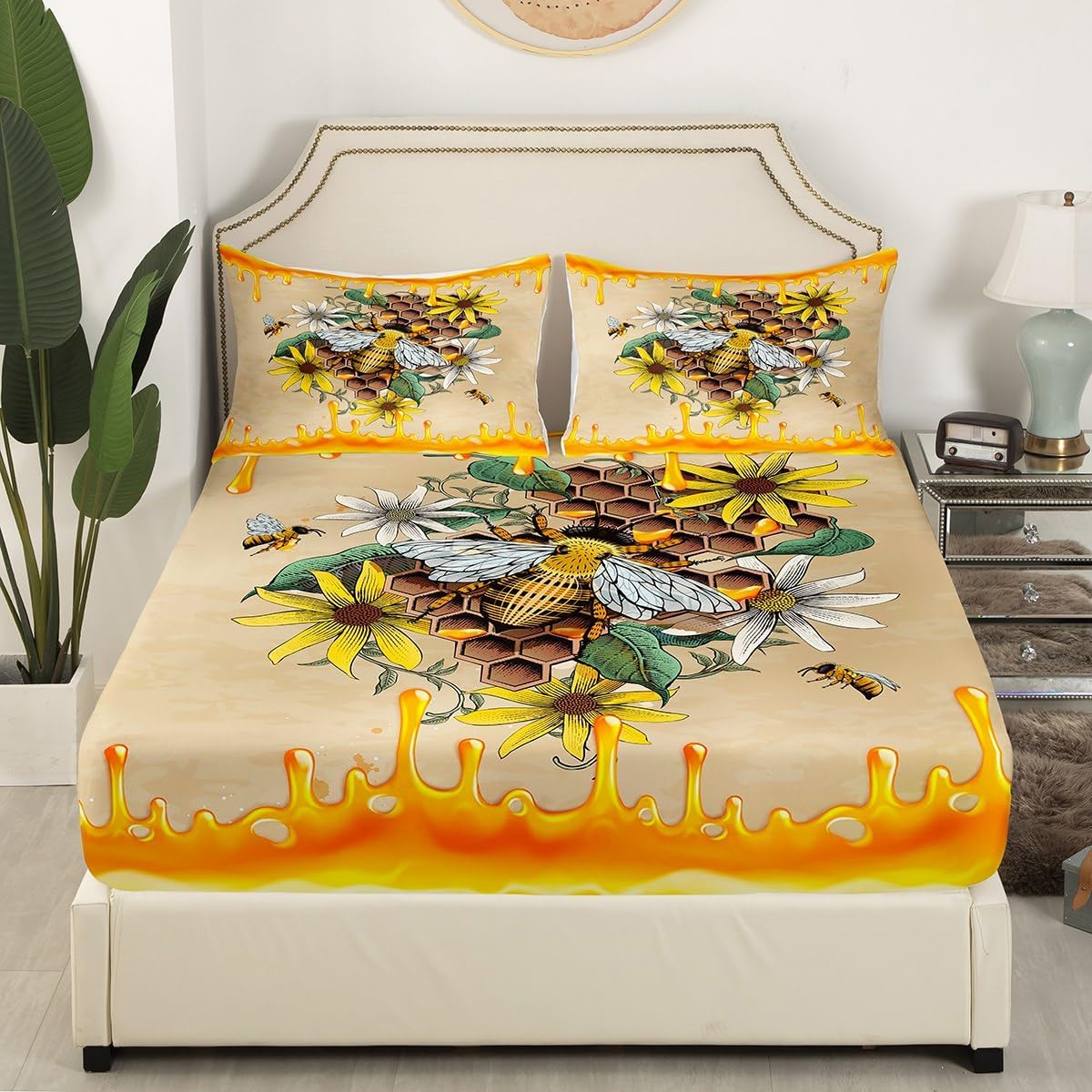 3D Bee Pattern Bedding Set Twin Size Geometric Honeycomb Bed Set for Girls Teens Bedroom Decor Kids Daisy Fitted Sheet Soft Microfiber Yellow White Bed Cover(1 Fitted Sheet+1 Pillow Case)