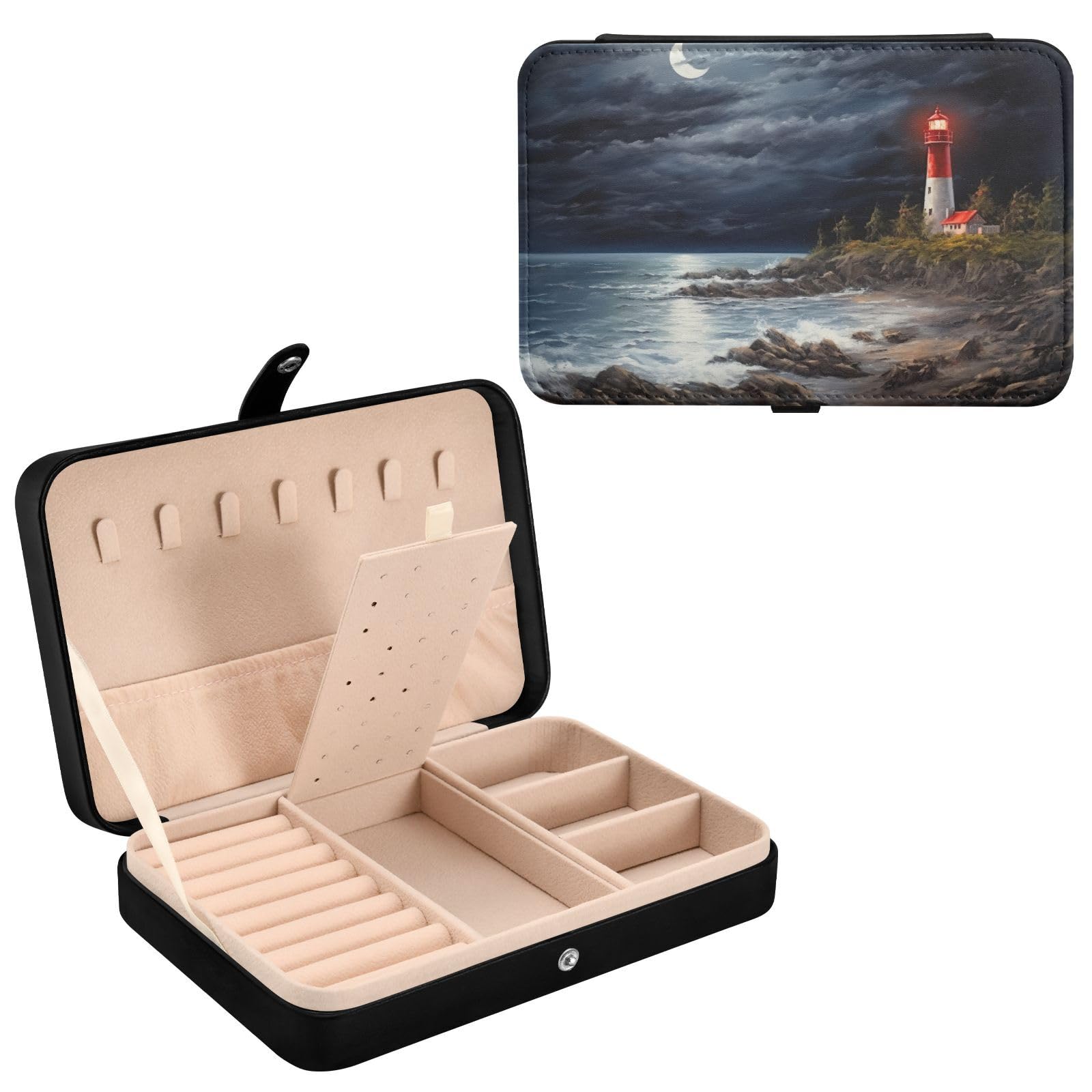 Haskirky Lighthouse4 Jewelry Box Portable PU Leather Travel Jewelry Organize for Women Jewelry Storage Display Holder for Ring, Necklace, Earring