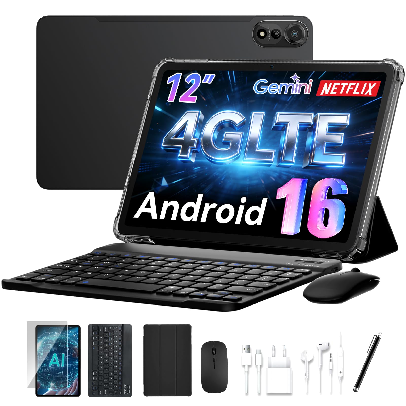 2026 Tablet Android 16,Tablet 12 Pollici con Tastiera,4G LTE+5G WiFi,24GB RAM+128GB ROM,Octa-Core Tablets con Penna/Mouse per lavoro e studio,9000mAh,WideVine L1/Gemini AI/GPS/Face ID,Garanzia 4 Anni