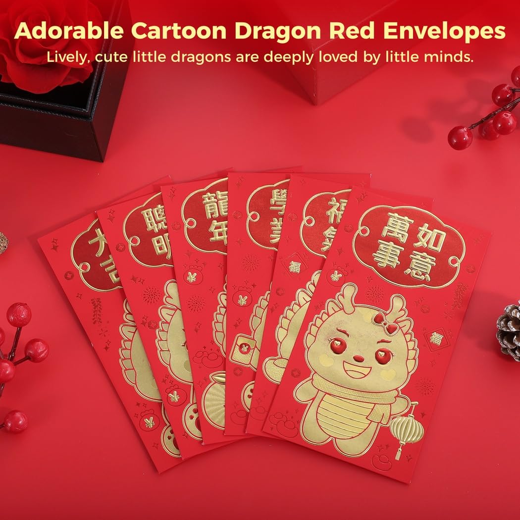24 Stk. rote Neujahrsumschläge, niedliche Cartoon-Drachen für das Jahr des Drachen 2024, chinesische rote Glücksgeldumschläge zum Frühlingsfest, Hongbao, 6 Designs