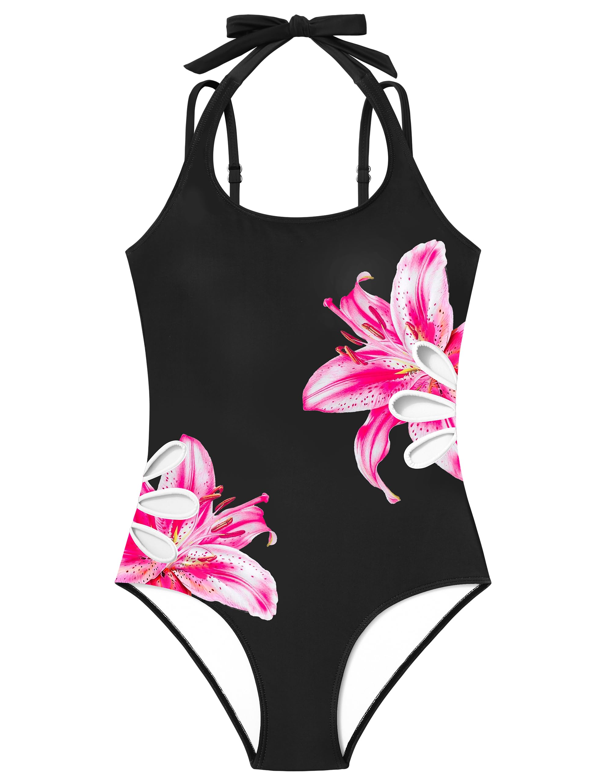 Girls Swimsuit Adjustable Straps Cut Out One Piece Bathing Suit with Solid Color Cover Up Skirt Girls' Swimwear 5-16Y