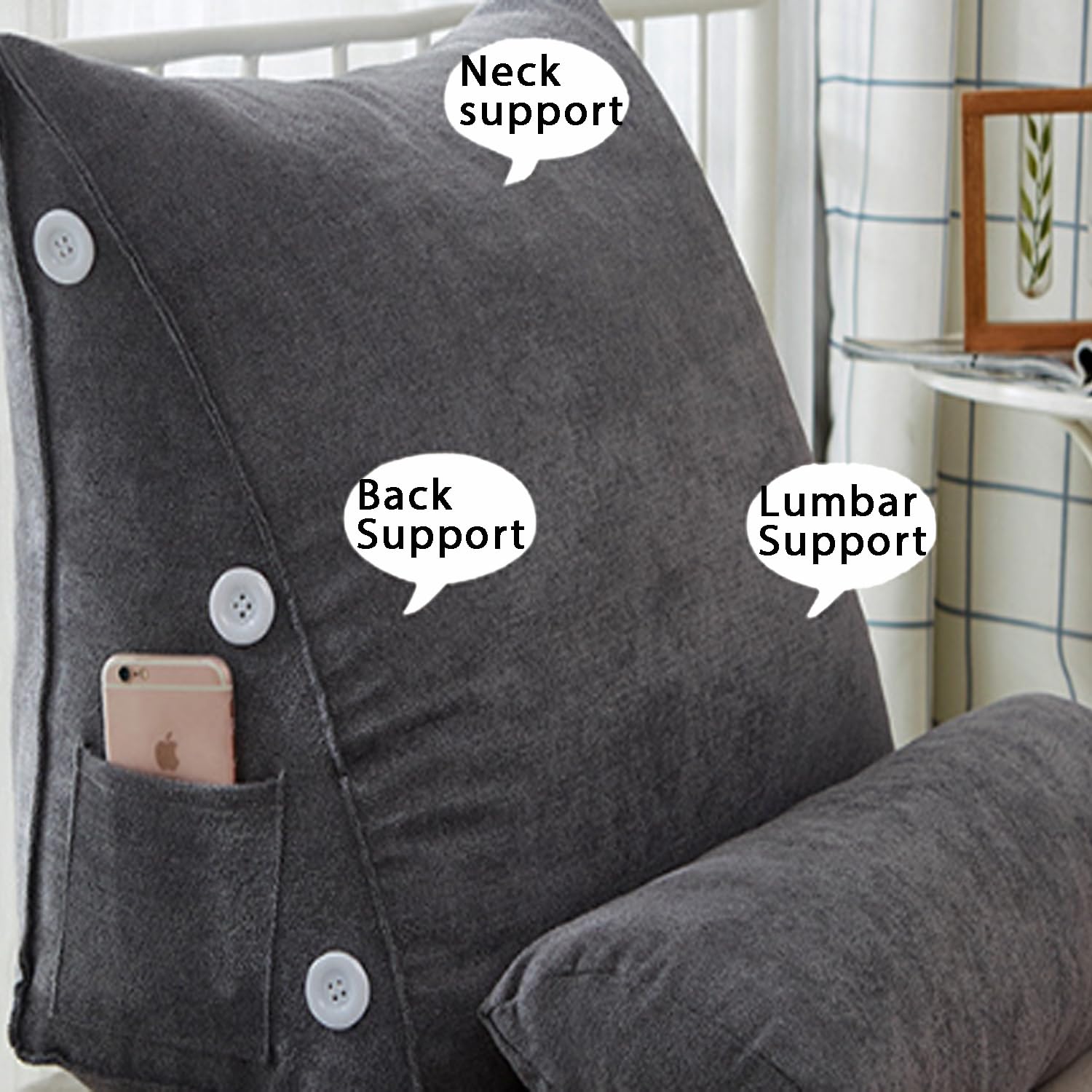 Almohada de Lectura Triangular para el hogar, Almohada de Apoyo Lumbar de cuña, cojín de Cama Suave, cojín de Cintura de sofá, cojín de Respaldo, Almohada Ajustable para el Cuello y Bolsillo