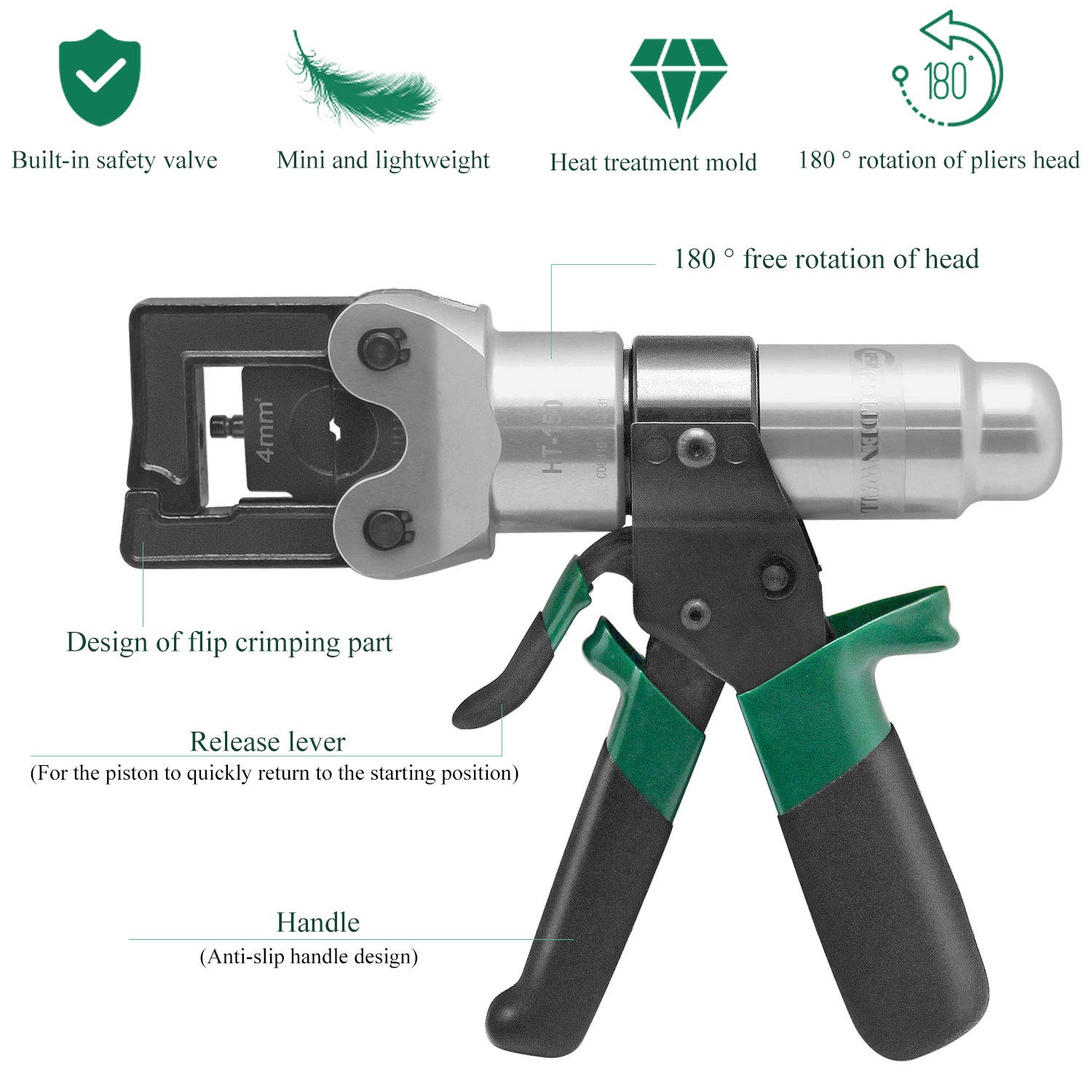 CGOLDENWALL Manual Hydraulic Crimping Tool with 180°Head Rotation