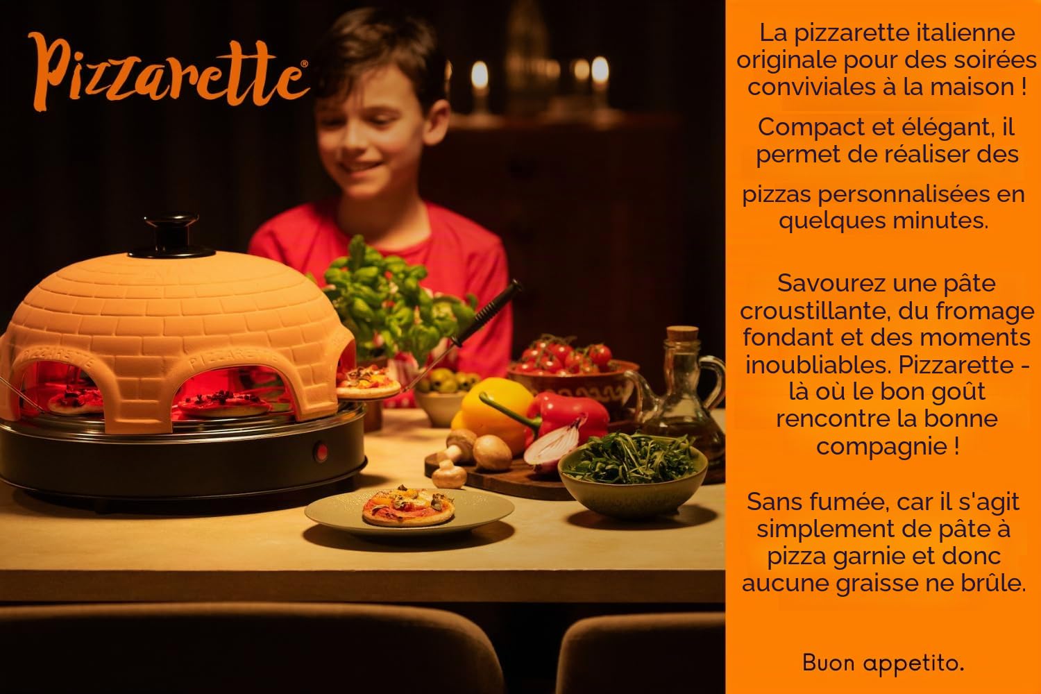 EMERIO Four à pizza, PIZZARETTE l'original, dôme en terre cuite fait à la main, design breveté, pour mini pizza, vrai plaisir en famille pour 6 personnes, terre cuite orange/noir, PO-115984