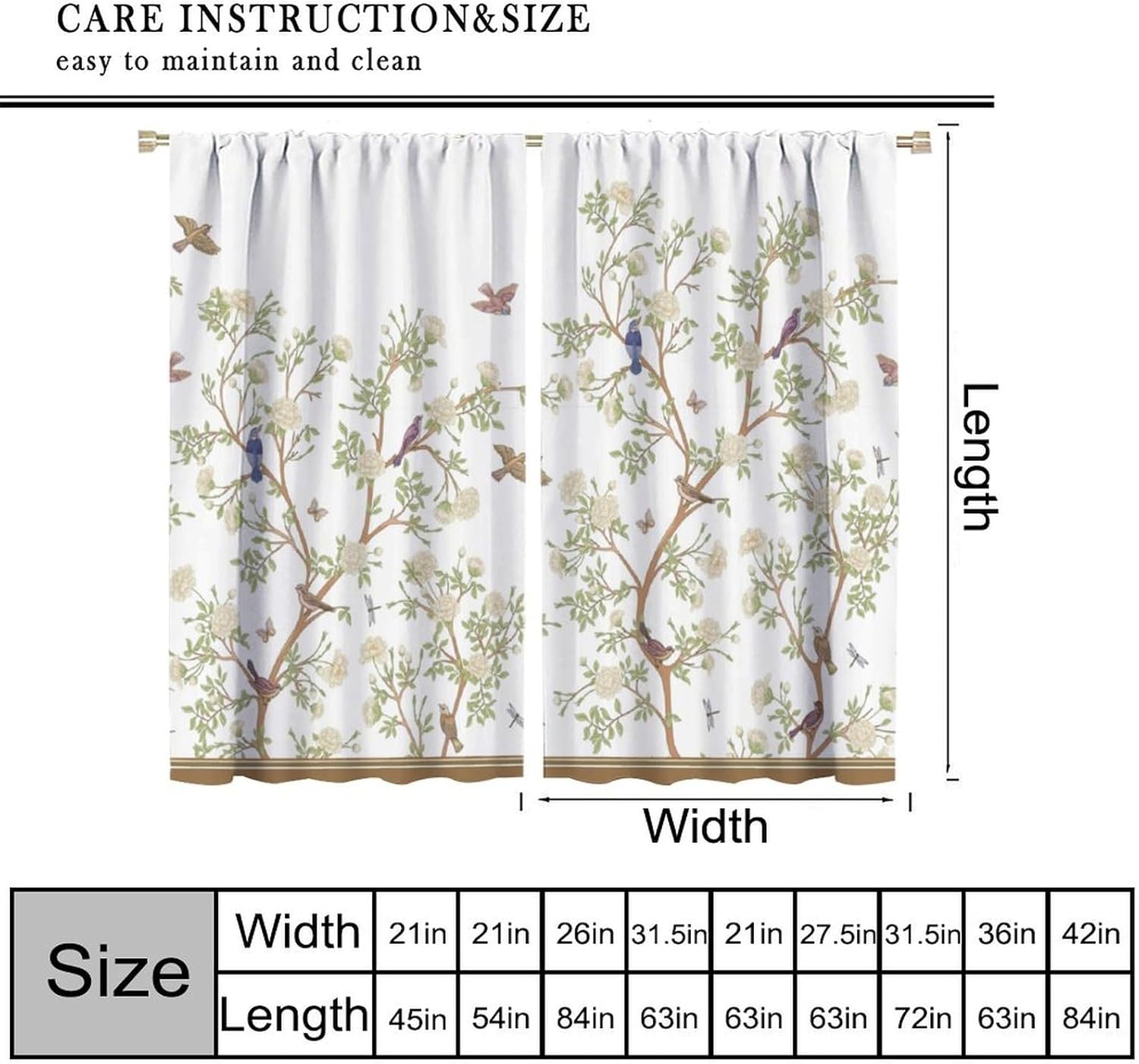 Spring Green Leaves Birds Curtain，Rustic Vintage Botanical Tree Branch Floral Cartoon Bird Blackout Window Treatments，for Kids Living Room Bedroom Kitchen Cafe Farmhouse 84" W X 84" L