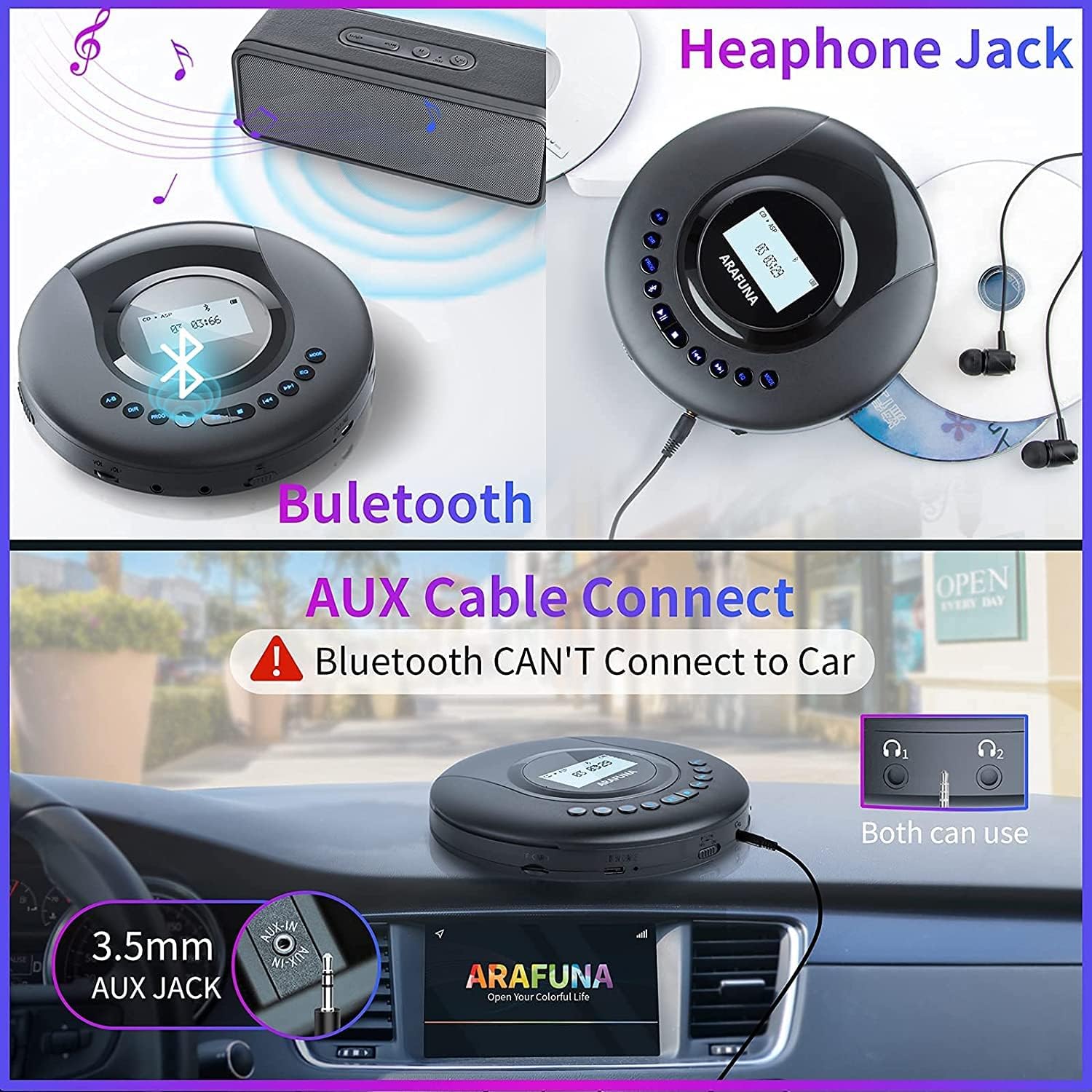 CD Player Portable, ARAFUNA Bluetooth CD Player for car, 2000mAh Rechargeable Portable CD Player with LCD Screen, Anti Shock Protection Walkman CD Player with Headphone -Upgraded