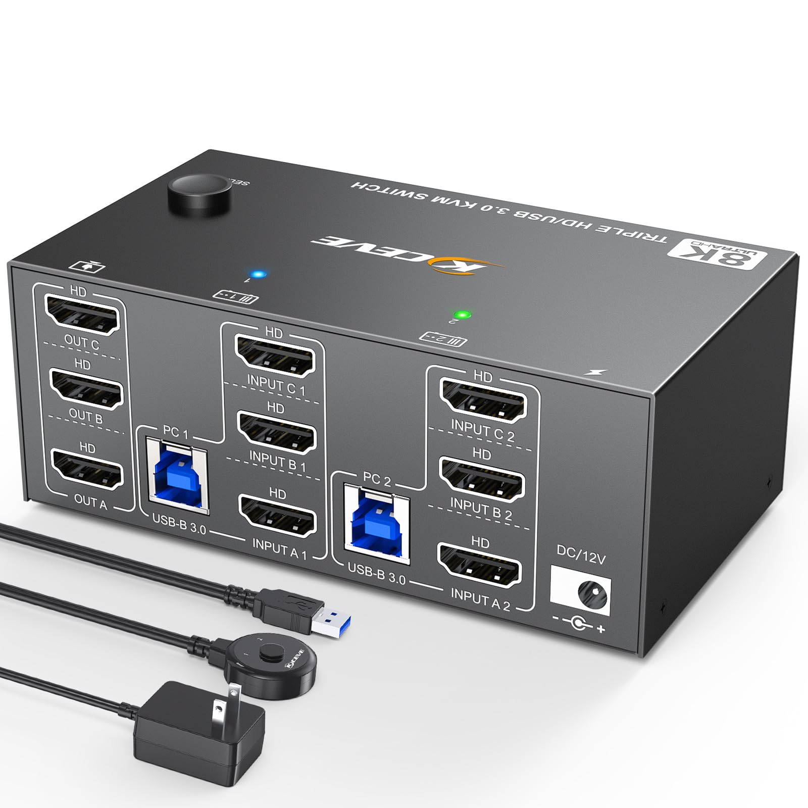 KCEVE KVM Switch 3 Monitors 2 Computers HDMI 8K@60Hz, USB 3.0 KVM Switch Triple Monitor 4K@144Hz for 2 Computers Share 4 USB 3.0 Devices Mouse