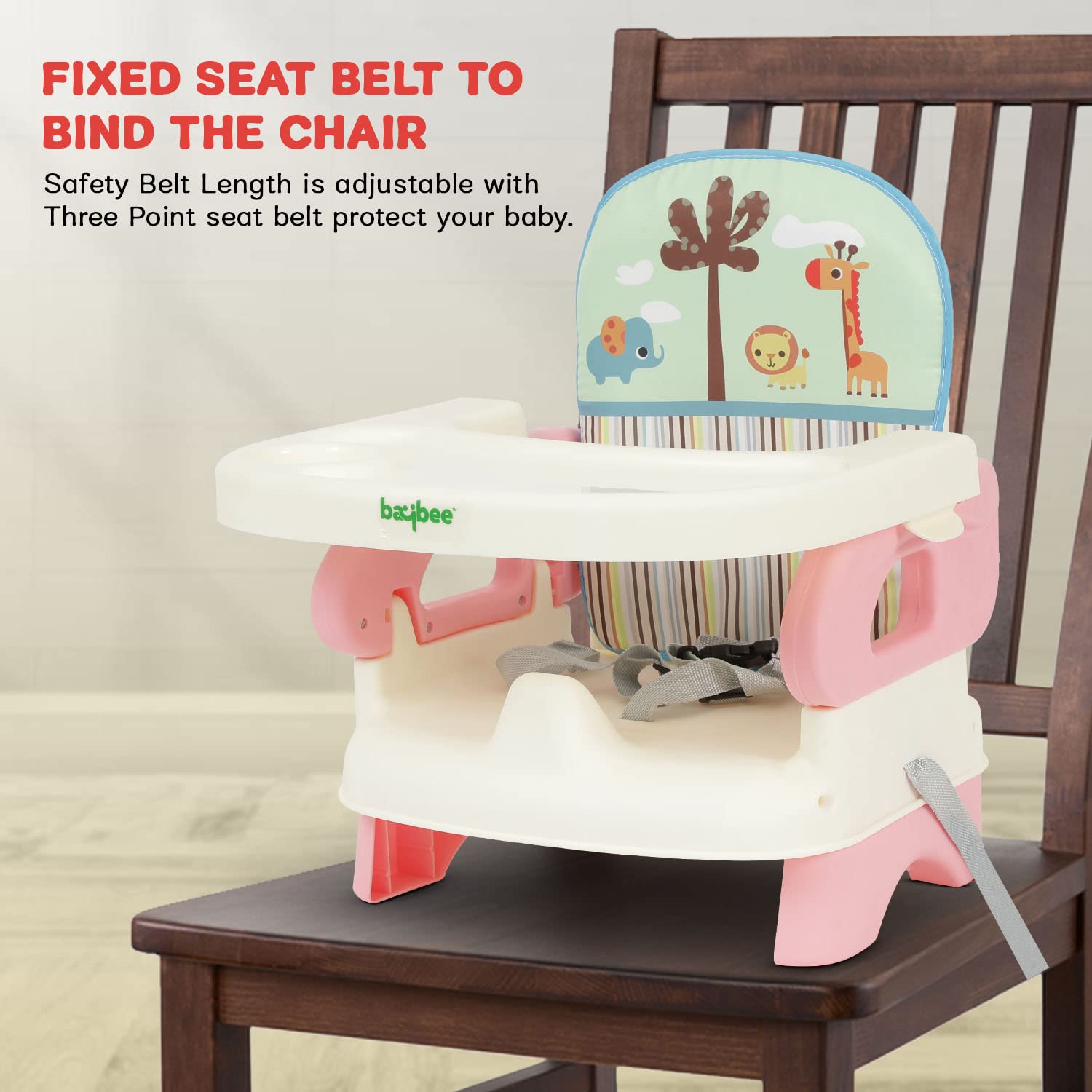 Baybee Portable Baby Booster Chair for Feeding | Folding Dining Chair for Baby with 2 Level Height Adjustable, Food Tray, Safety Belt | Infant Sitting Chairs for Kids 6 Months to 3 Years (Pink) - Image 5 thumbnail