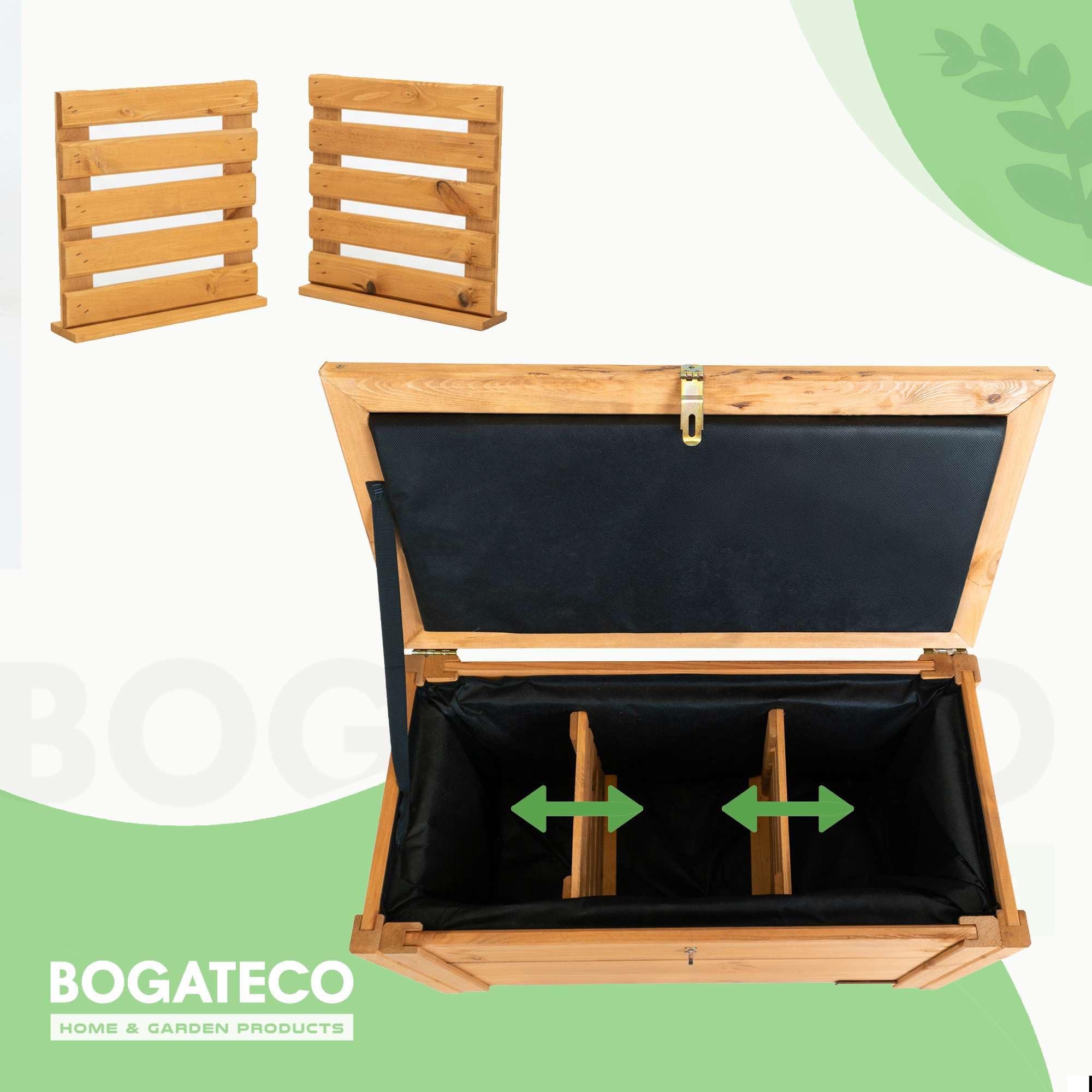 BOGATECO Gartenbox Holzkiste mit Deckel | Thermobehälter | Isoliert Kaste zur Aufbewahrung von Obst und Gemüse 55L | Verstellbare Fächer 79x46x39cm