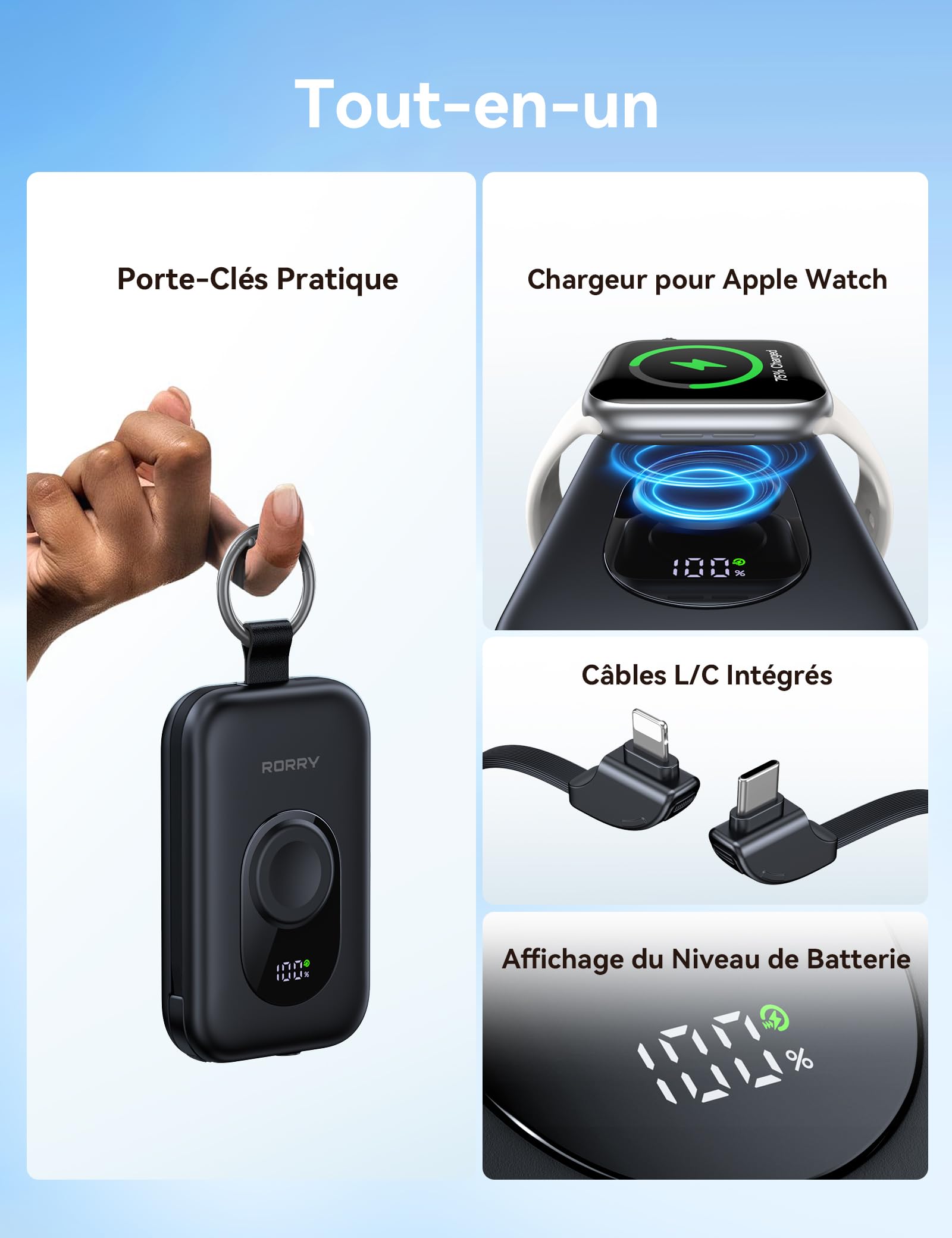 RORRY CharmGo Batterie Externe 20000mAh 30W Power Bank avec Câbles Intégrés