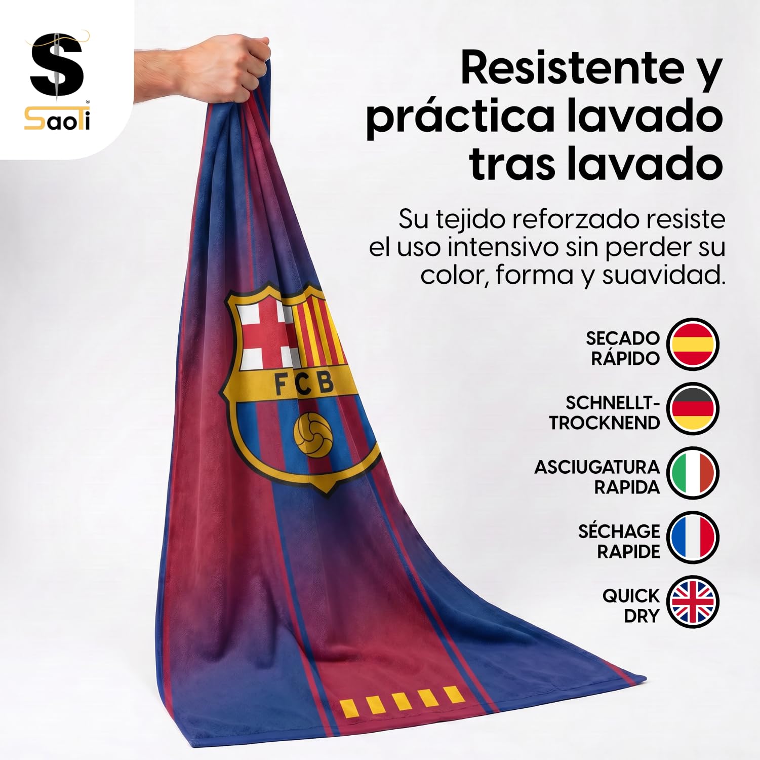 SaoTi Asciugamano da bagno grande in microfibra, ad asciugatura rapida, leggero, motivo calcio, blu, ideale per palestra, piscina, viaggio, regalo (stile maglietta Culé, 140 x 70 cm)