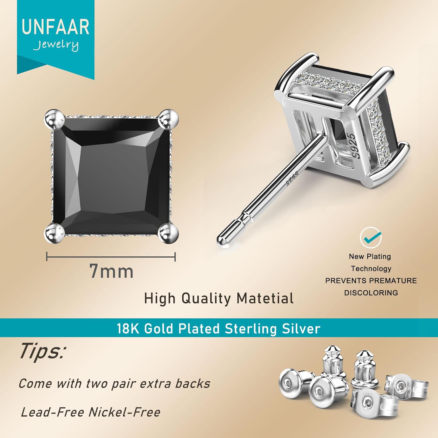 18K White Gold Plated Sterling Silver Princess Cut Cubic Zirconia Stud Earrings Square CZ Diamond Stud Earrings for Women Men Hypoallergenic - Image 6