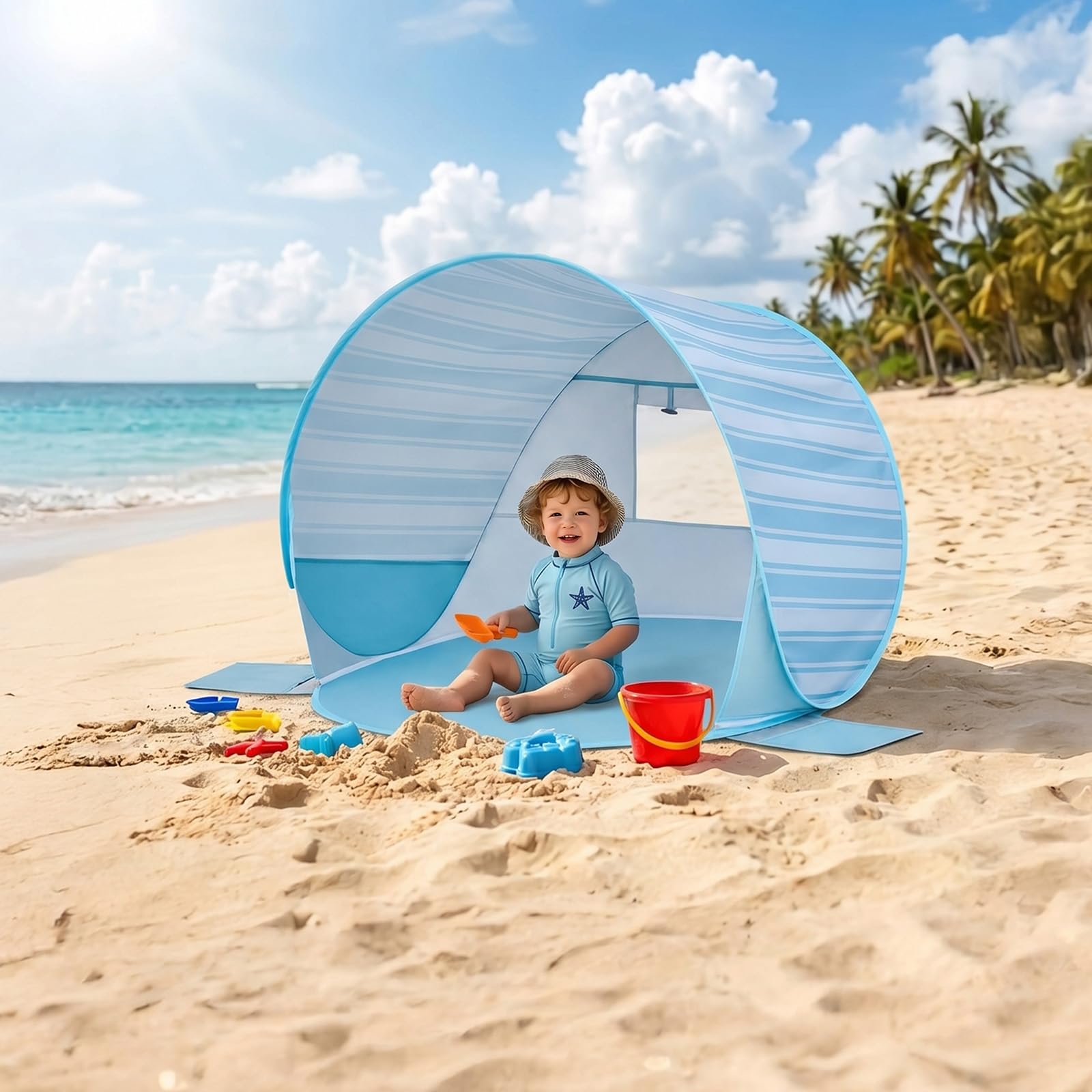 Tente de plage pop-up pour bébé : tente de plage Apojungle - Protection UV - Tente légère pour garçons et filles - Protection solaire et coupe-vent - Tente solaire pour extérieur, plage, pique-nique