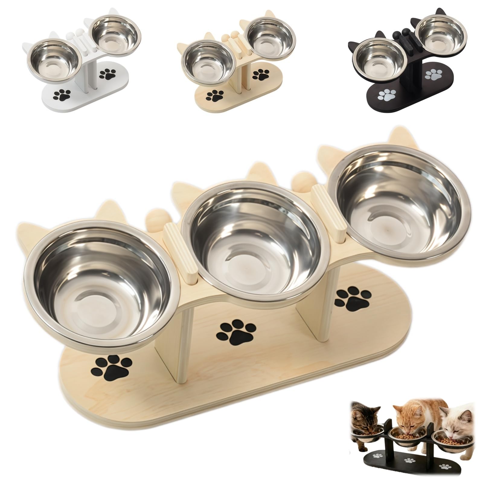 Anti-Slip Elevated 3-Bowl Pet Feeder, Elevated Feeding Station with Wooden Stand, Stainless Steel Cat Feeding Station, Cat Bowls with Stand Tilted for Food & Water (3Natural Wood)
