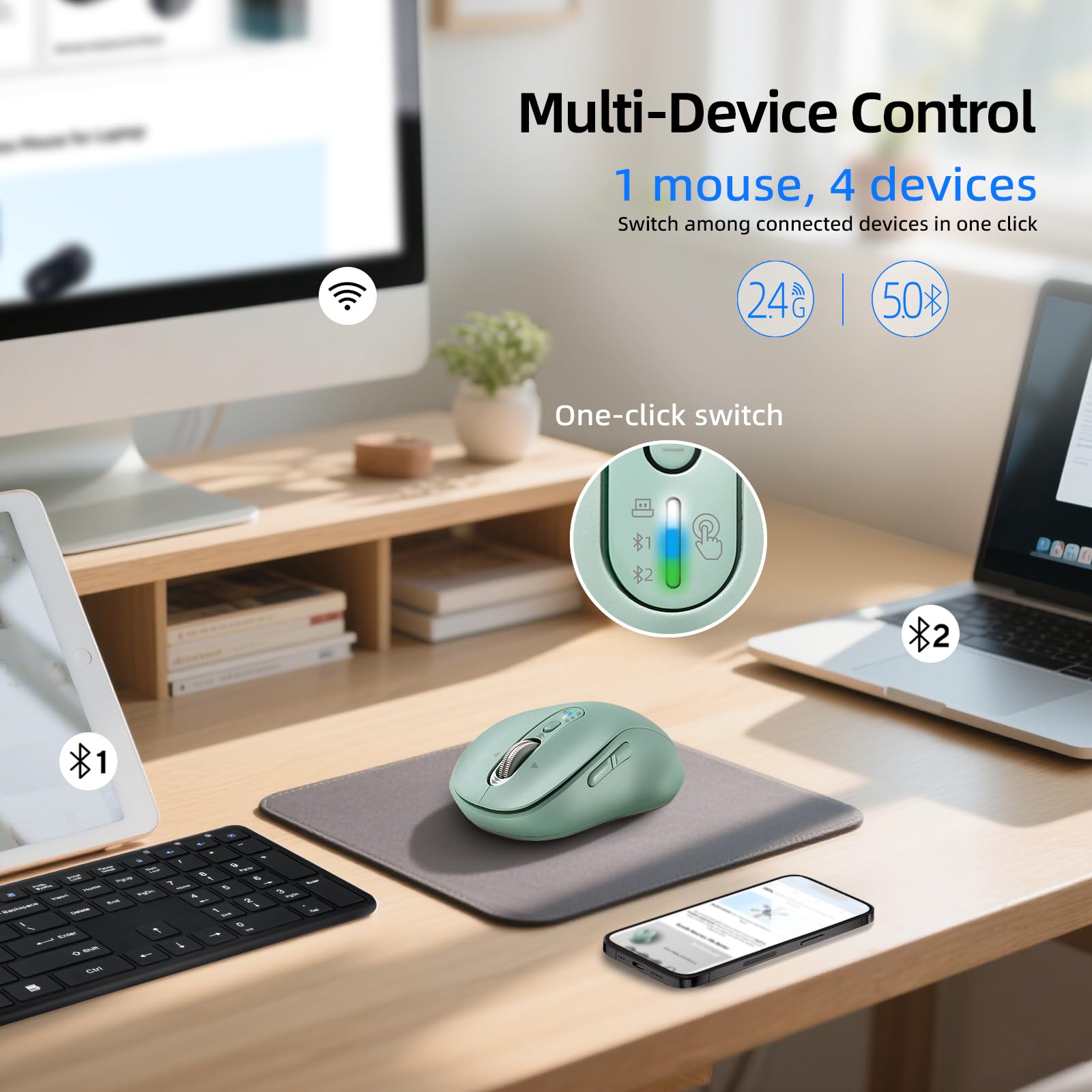 INFINMIND Mouse wireless Bluetooth per laptop, USB+BT × 2, silenzioso, mouse per computer Ergo, in metallo a 4 vie, ± 3200 DPI, ricaricabile, 9 pulsanti, mouse cordless multi dispositivo per iPad