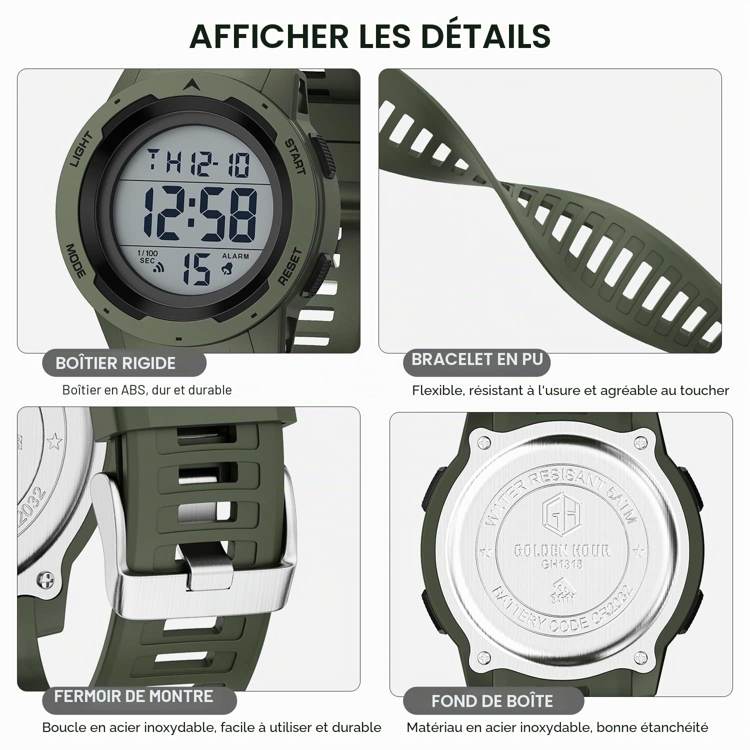 GOLDEN HOUR Montre de Sport numérique étanche pour Homme - Grand écran Facile à Lire - Style Militaire avec Bracelet en Caoutchouc