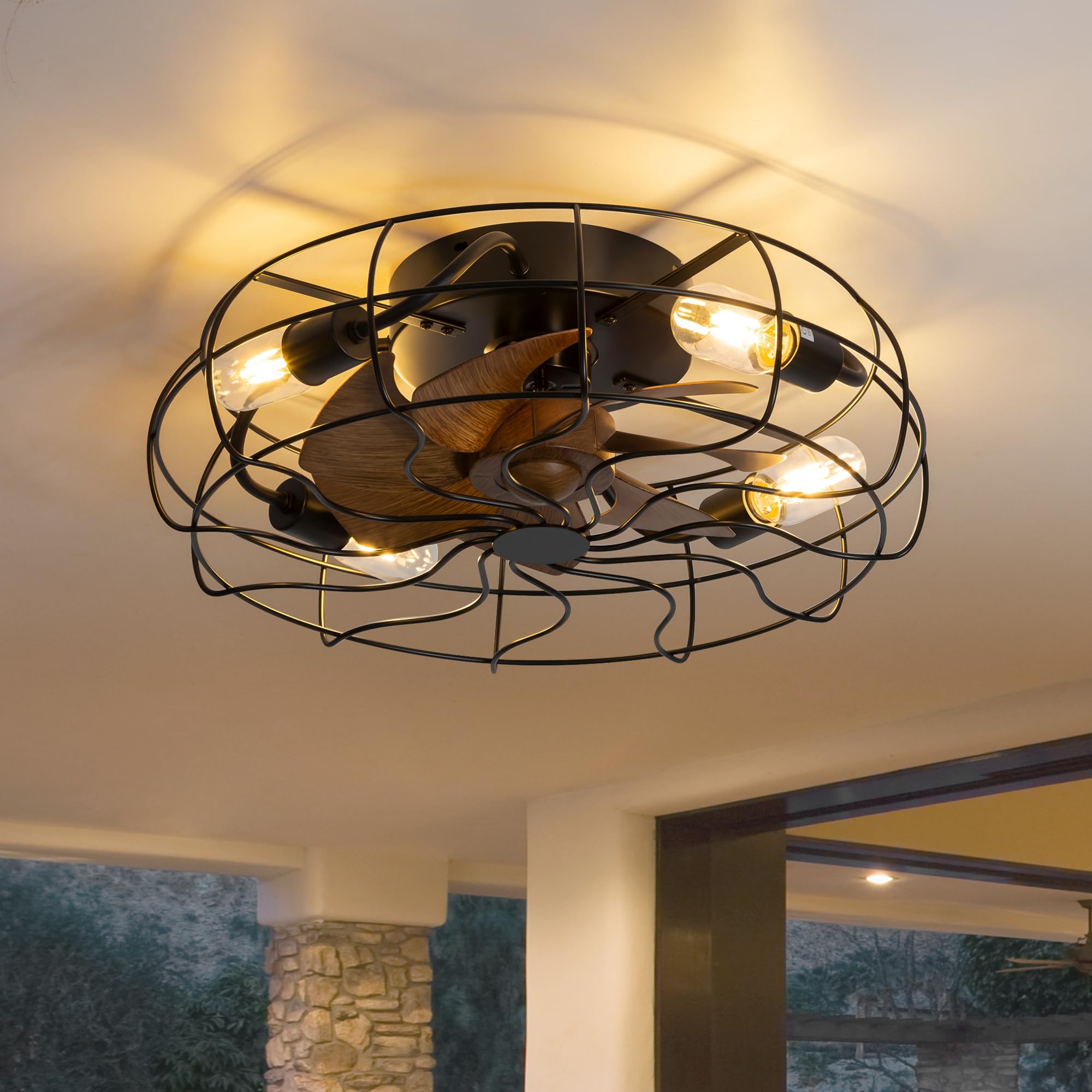 ZYD Caged Ceiling Fan with Light, 19" Caged Industrial Ceiling Fans with Lights and Remote Flush Mount, Small Farmhouse Ceiling Fan with Light Low