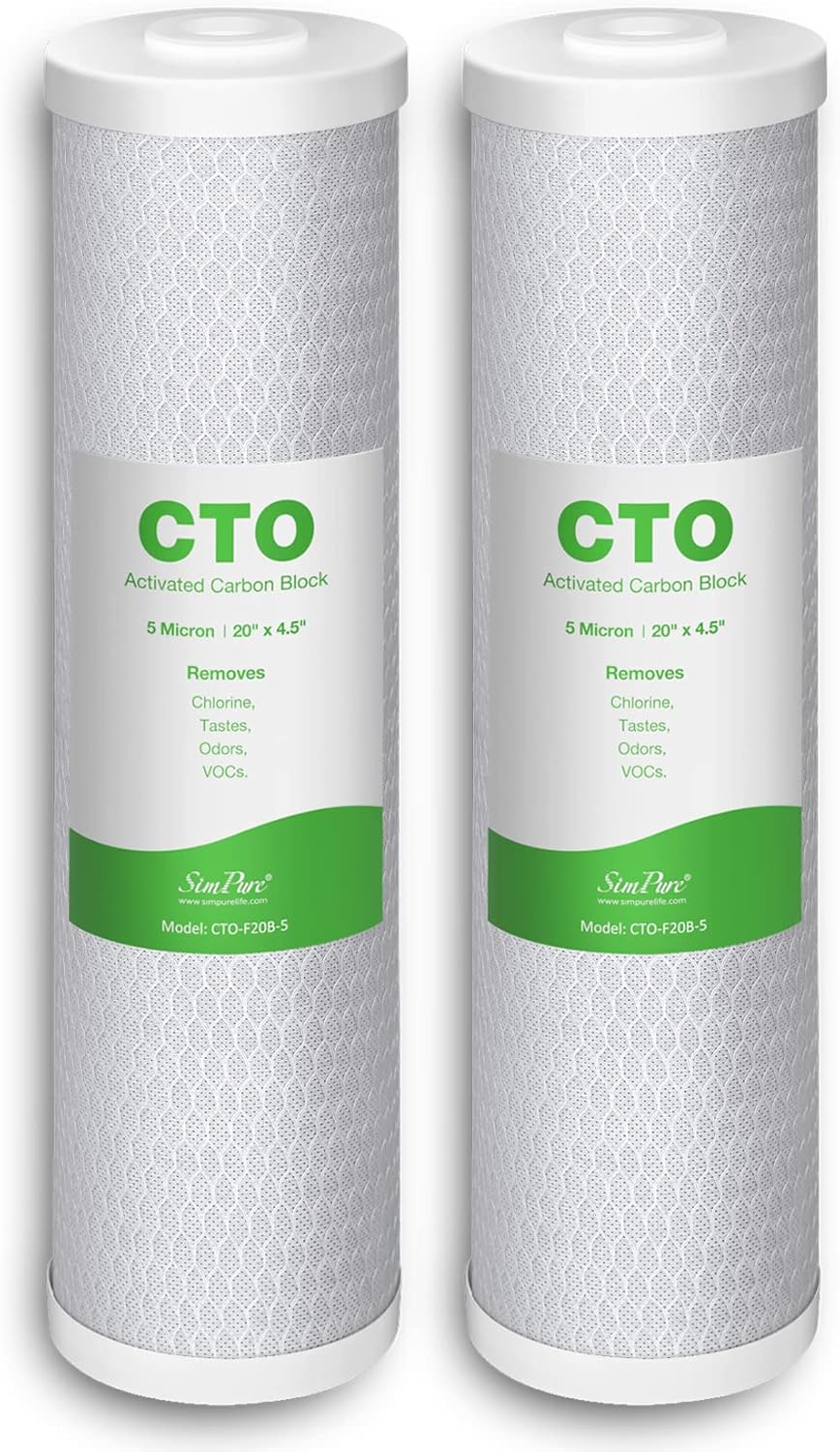 SimPure Whole House Water Filter Cartridges 5 Micron 20" x 4.5" CTO Activated Carbon Block, For DB20P, FC25B, CTO20BB, WHB20, 2 Pack