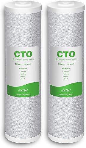 SimPure Cartuchos de filtro de agua para toda la casa, 5 micrones, 20 x 4.5 pulgadas, bloque de carbón activado CTO, para DB20P, FC25B, CTO20BB,