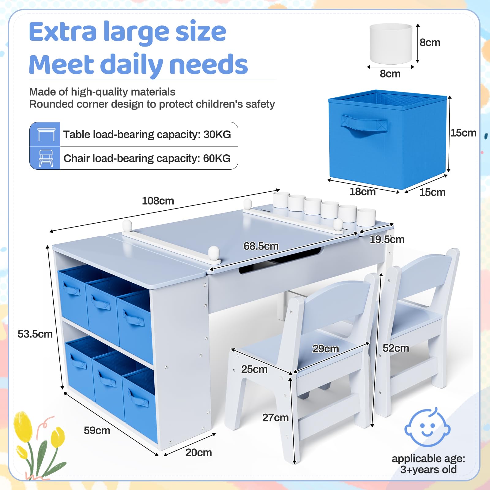 MAMIZO Kindertafel met 2 stoelen, houten kindertafel, speeltafel met