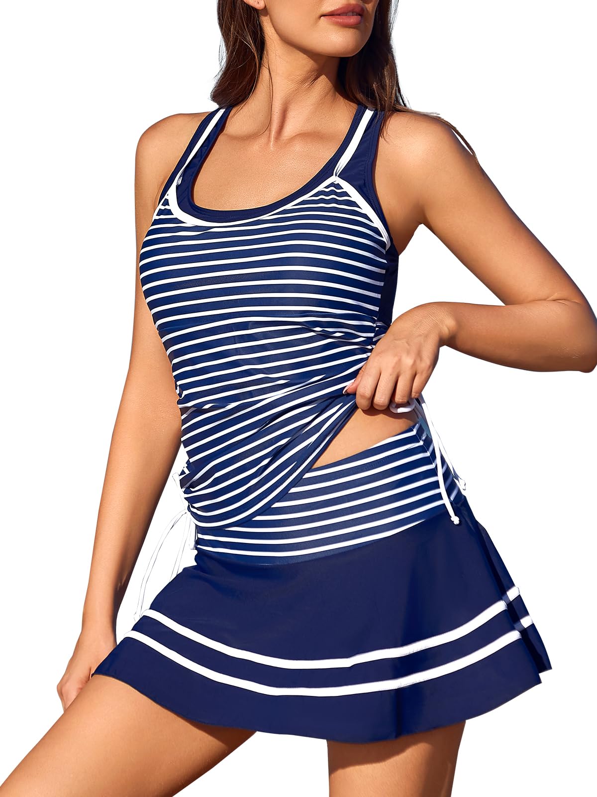 MiYang Tankini Swimsuits for Women Two Piece Tummy Control Bathing Suit with Skirt Striped Vintage Swimdress Navy White Large (US 12-14)