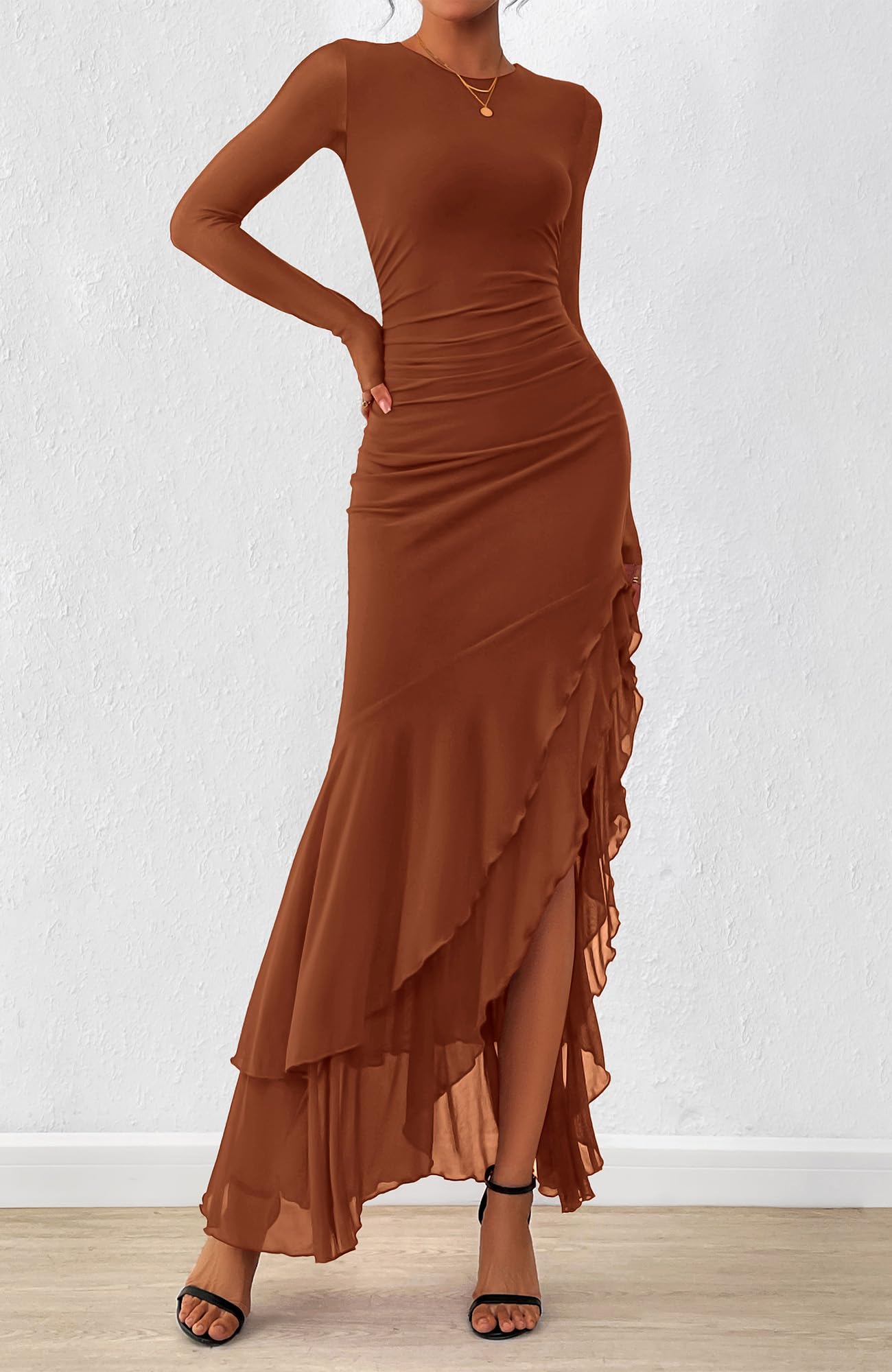 BTFBM Women's Maxi Dresses Fall 2025 Long Sleeve Ruched Bodycon Solid Ruffle Mermaid Cocktail Wedding Guest Dress