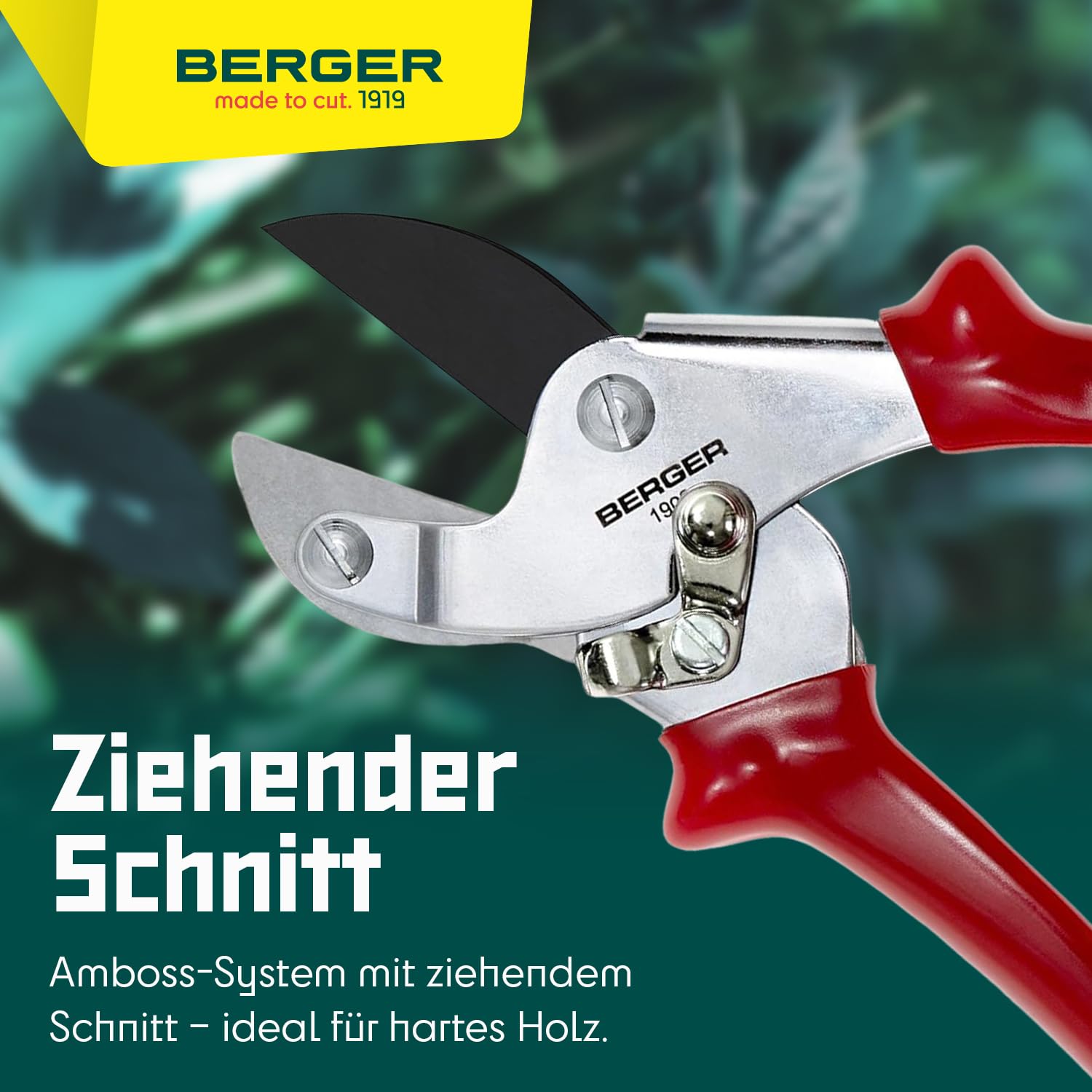 BERGER Amboss-Handschere 1902 | Amboss Gartenschere mit geradem Schneidkopf & antihaftbeschichteter Klinge | Profi Ambossschere aus Metall mit Einhandverschluss | Für Tot-& Hartholz | Made in Germany