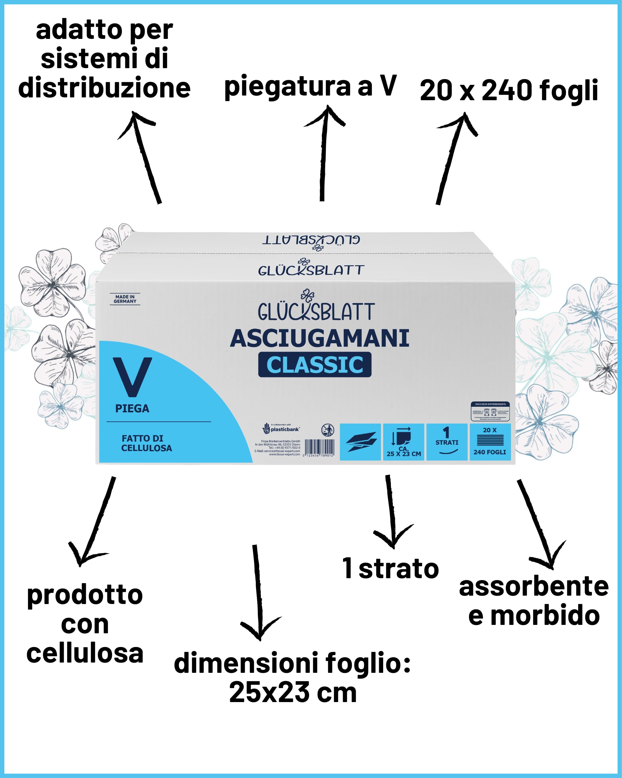 Glücksblatt Asciugamani di carta, 4800 fogli, 1 strato, 25 x 23 cm, piegati a V, in cellulosa, asciugamani di alta qualità, adatti per dispenser, carta asciugamani bianca, monouso