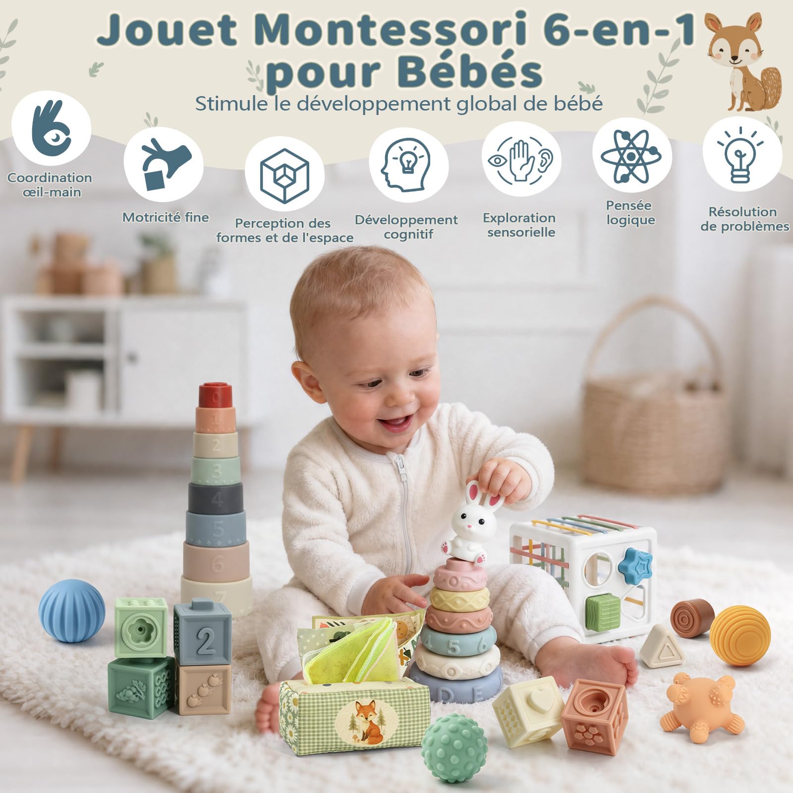 Anook Jouet Bebe 6 Mois, Jeux d’Éveil Bebe 6-12 Mois,6 en 1 Jeux Montessori | Jeux Sensoriel Bebe avec Jouets à Empiler,Boîte à Mouchoirs,Trieur de Formes,Balles Sensorielle Bebe, Cadeau Bébé 6-12 Mois