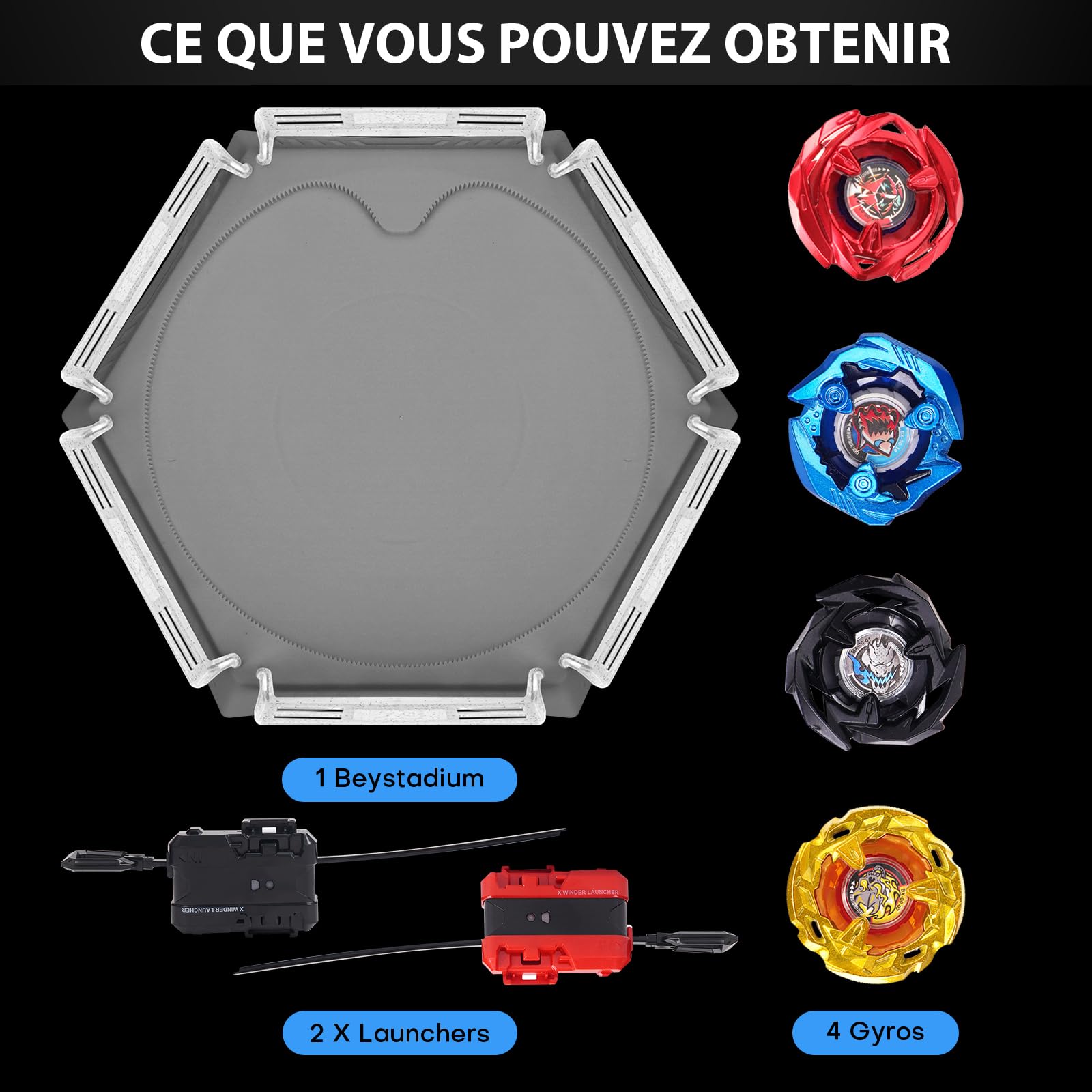 DEZAWRTY Toupie X Stadium Arena Set Equipé de X Acceleration Rail - 4 toupies et 2 lanceurs, 1 Battle Arène de Combat pour Les Enfants à partir de 6 Ans, Cadeau de Jeu pour Les garçons
